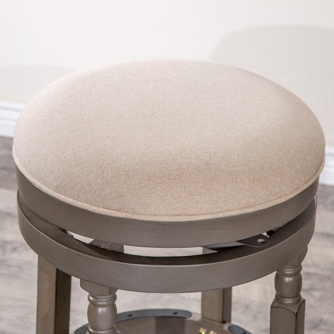 30" Bar Stool, Weathered Gray Finish, Beige Fabric Seat Gray Fabric