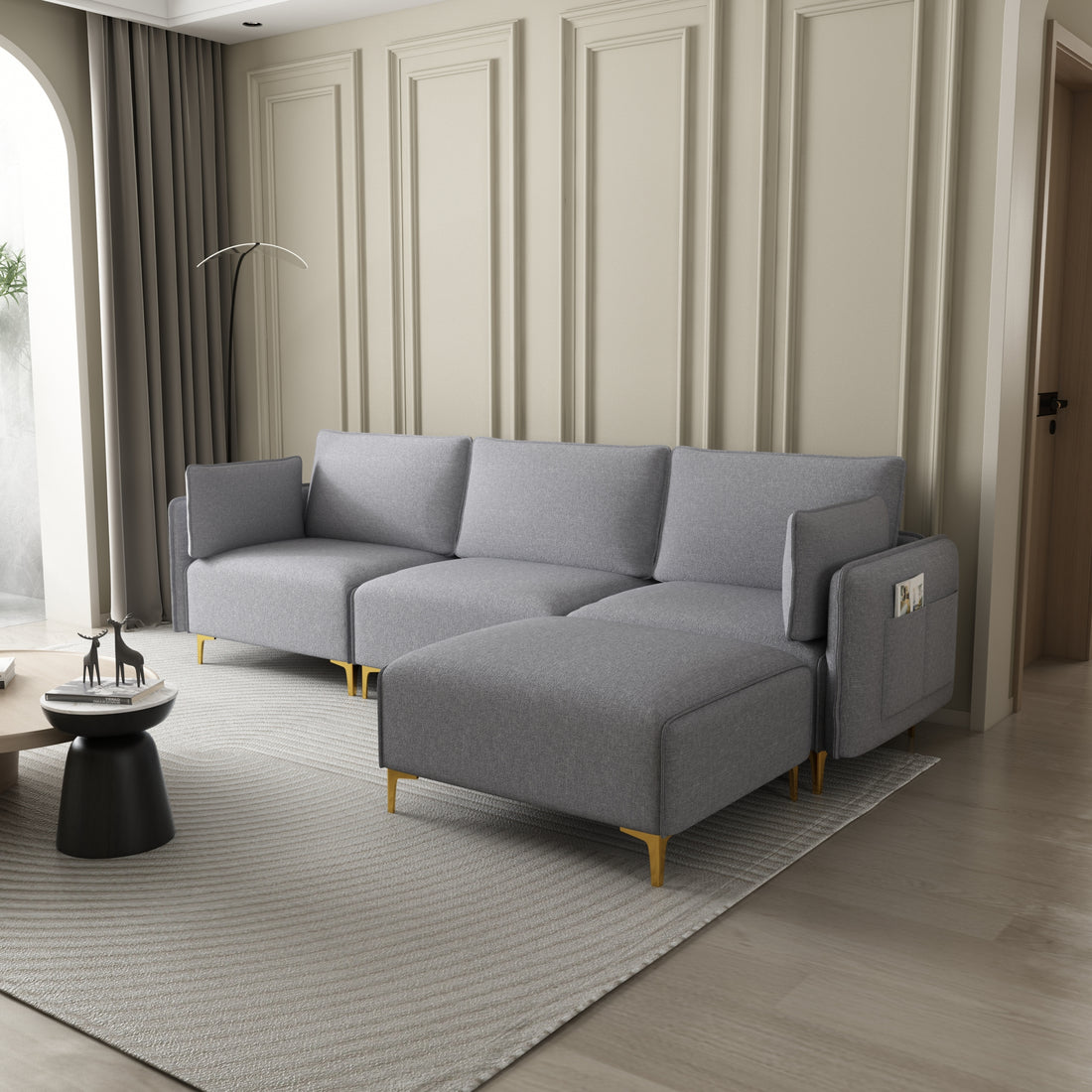 L Shape Sectional Sofa With Usb Grey Fabric Grey Foam Fabric