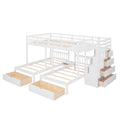 Full Over Twin & Twin Bunk Bed, Wood Triple Bunk Bed With Drawers And Guardrails White White Solid Wood