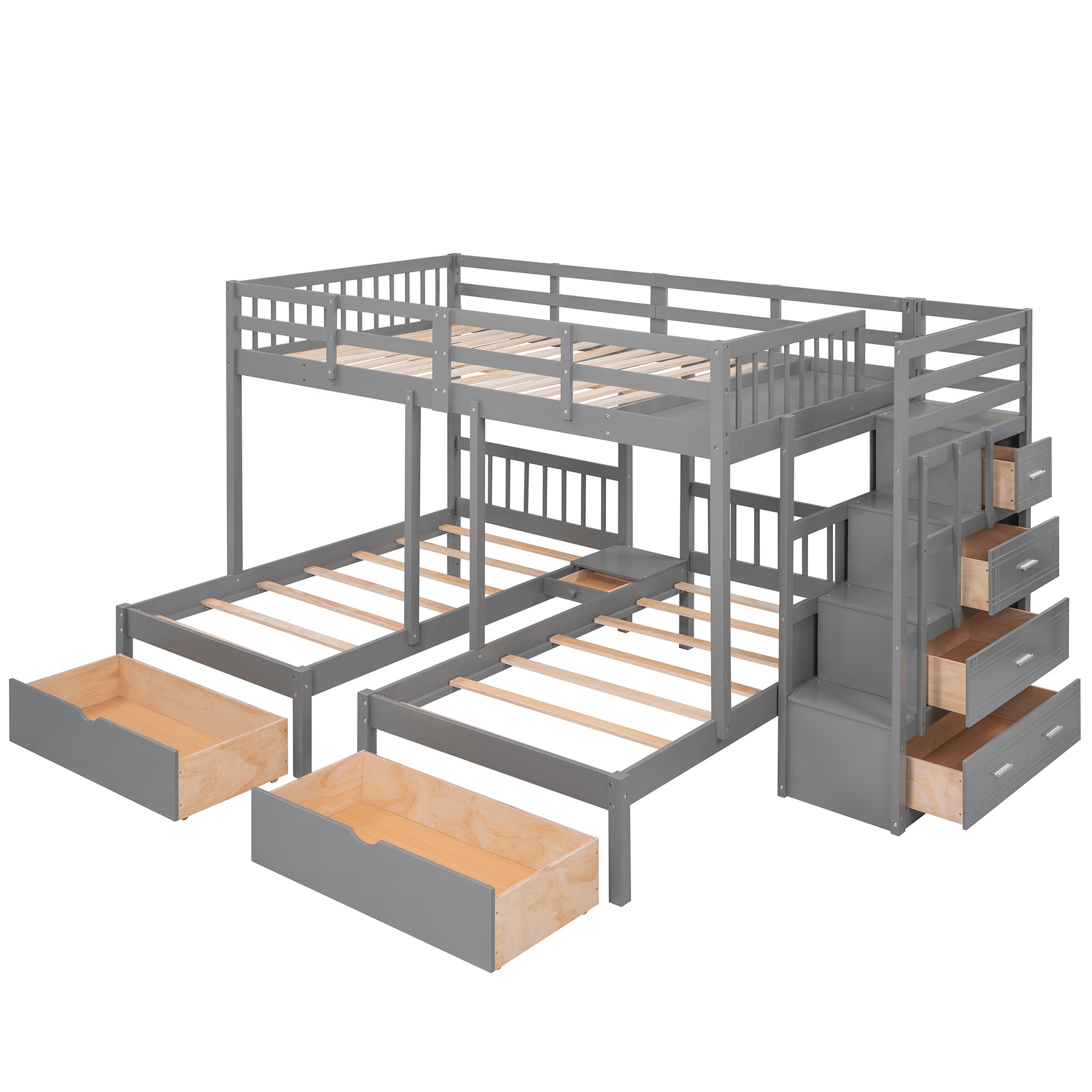 Full Over Twin & Twin Bunk Bed, Wood Triple Bunk Bed With Drawers And Guardrails Gray Gray Solid Wood