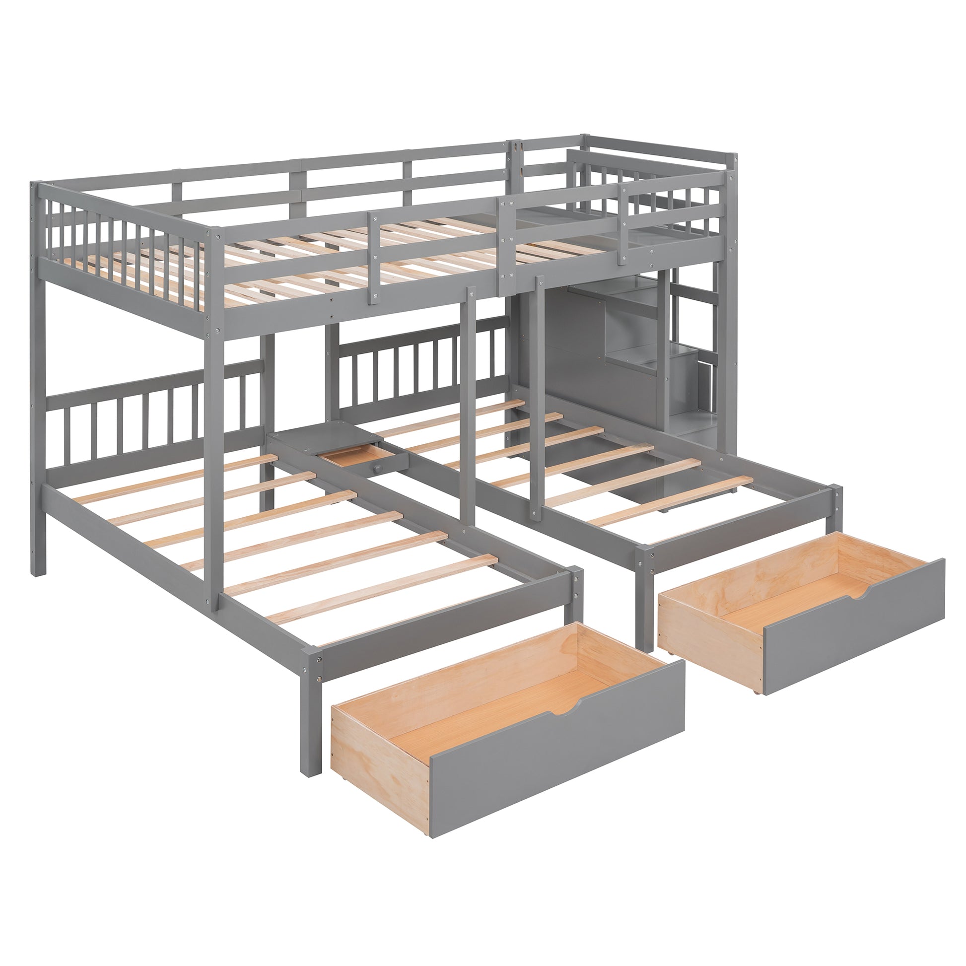 Full Over Twin & Twin Bunk Bed, Wood Triple Bunk Bed With Drawers And Guardrails Gray Gray Solid Wood