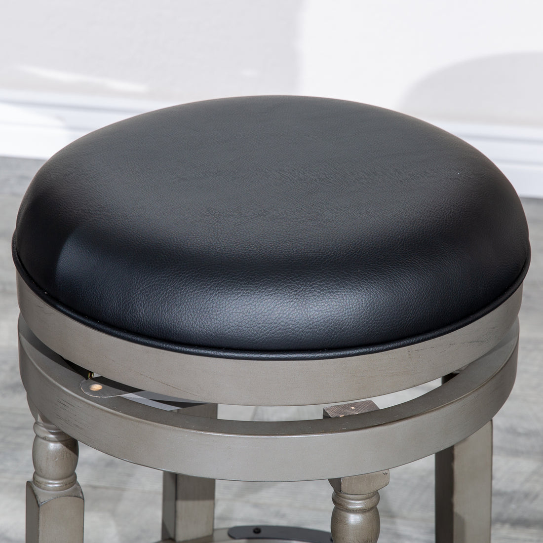 30" Bar Stool, Weathered Gray Finish, Black Leather Seat Gray Bonded Leather