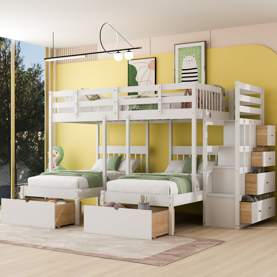 Full Over Twin & Twin Bunk Bed, Wood Triple Bunk Bed With Drawers And Guardrails White White Solid Wood