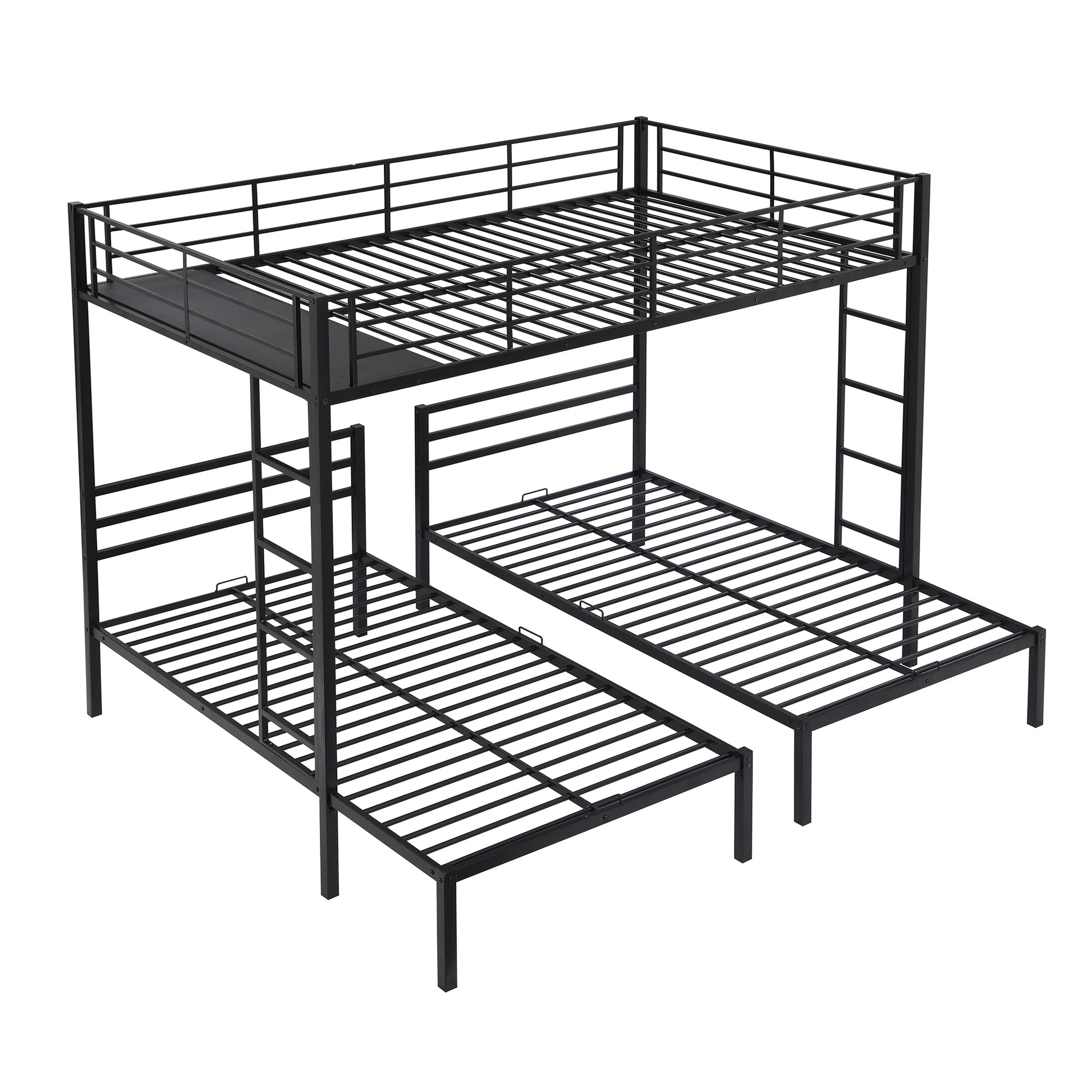 Full Over Twin&Twin Size Bunk Bed With Built In Shelf, Black Full Black Metal