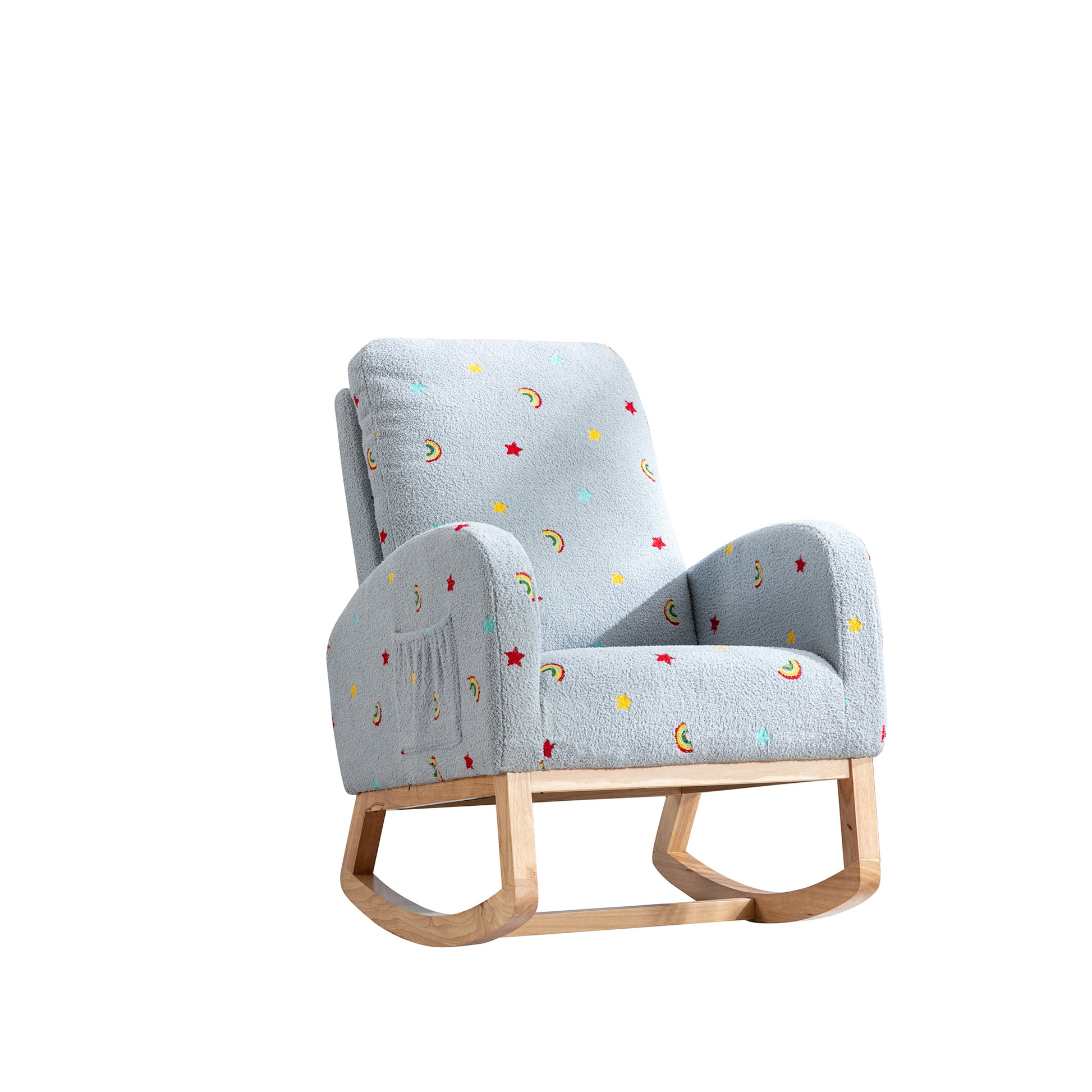 26.8"W Modern Rocking Chair For Nursery, Mid Century Accent Rocker Armchair With Side Pocket, Upholstered High Back Wooden Rocking Chair For Living Room Baby Kids Room Bedroom, Blue Boucle Blue Foam Boucle