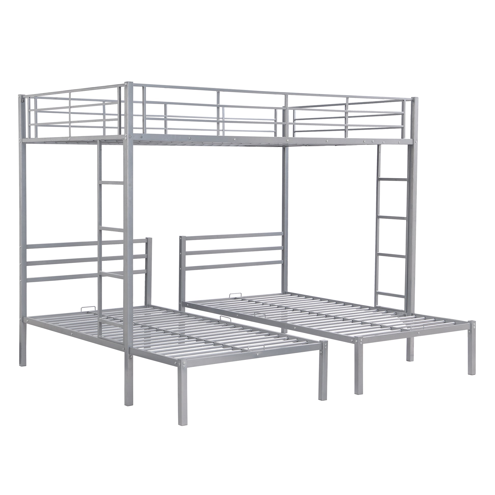 Full Over Twin&Twin Size Bunk Bed With Built In Shelf, Silver Full Silver Metal