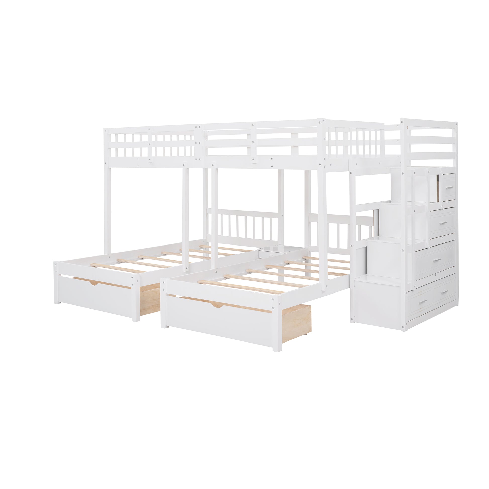 Full Over Twin & Twin Bunk Bed, Wood Triple Bunk Bed With Drawers And Guardrails White White Solid Wood