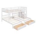 Full Over Twin & Twin Bunk Bed, Wood Triple Bunk Bed With Drawers And Guardrails White White Solid Wood