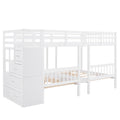 Full Over Twin & Twin Bunk Bed, Wood Triple Bunk Bed With Drawers And Guardrails White White Solid Wood