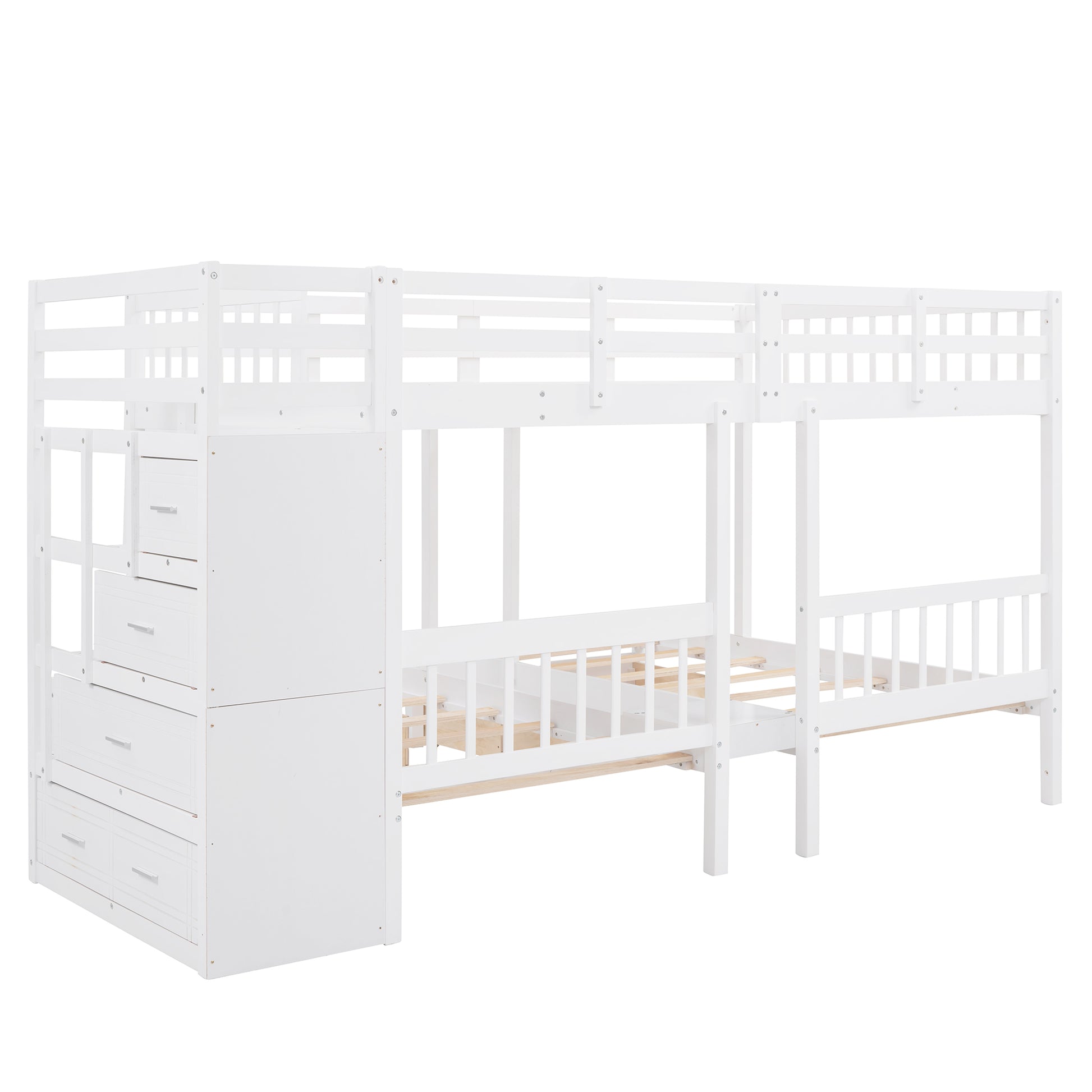 Full Over Twin & Twin Bunk Bed, Wood Triple Bunk Bed With Drawers And Guardrails White White Solid Wood