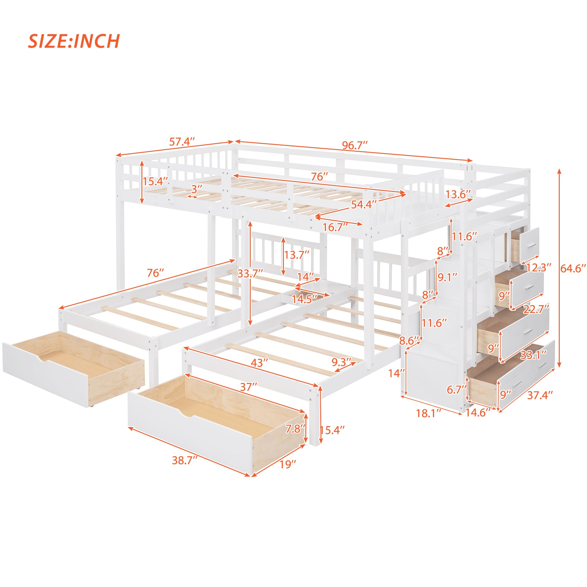 Full Over Twin & Twin Bunk Bed, Wood Triple Bunk Bed With Drawers And Guardrails White White Solid Wood