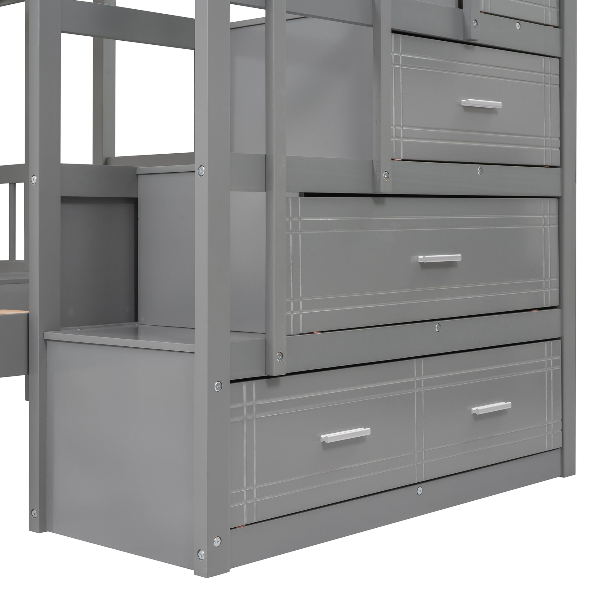 Full Over Twin & Twin Bunk Bed, Wood Triple Bunk Bed With Drawers And Guardrails Gray Gray Solid Wood