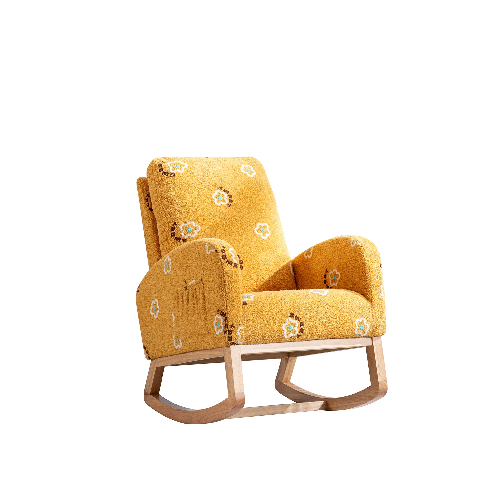 26.8"W Modern Rocking Chair For Nursery, Mid Century Accent Rocker Armchair With Side Pocket, Upholstered High Back Wooden Rocking Chair For Living Room Baby Kids Room Bedroom, Mustard Boucle Mustard Foam Boucle