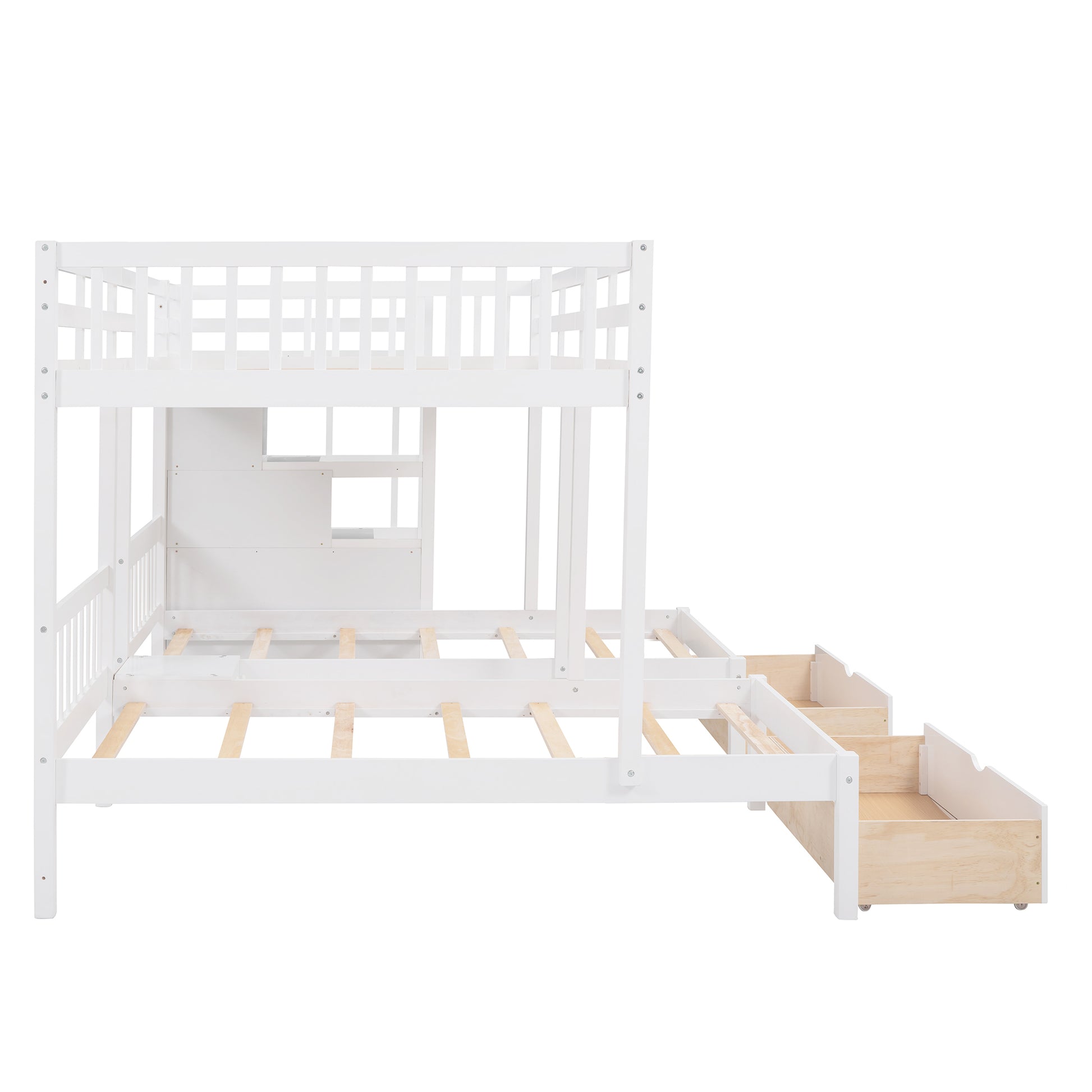 Full Over Twin & Twin Bunk Bed, Wood Triple Bunk Bed With Drawers And Guardrails White White Solid Wood