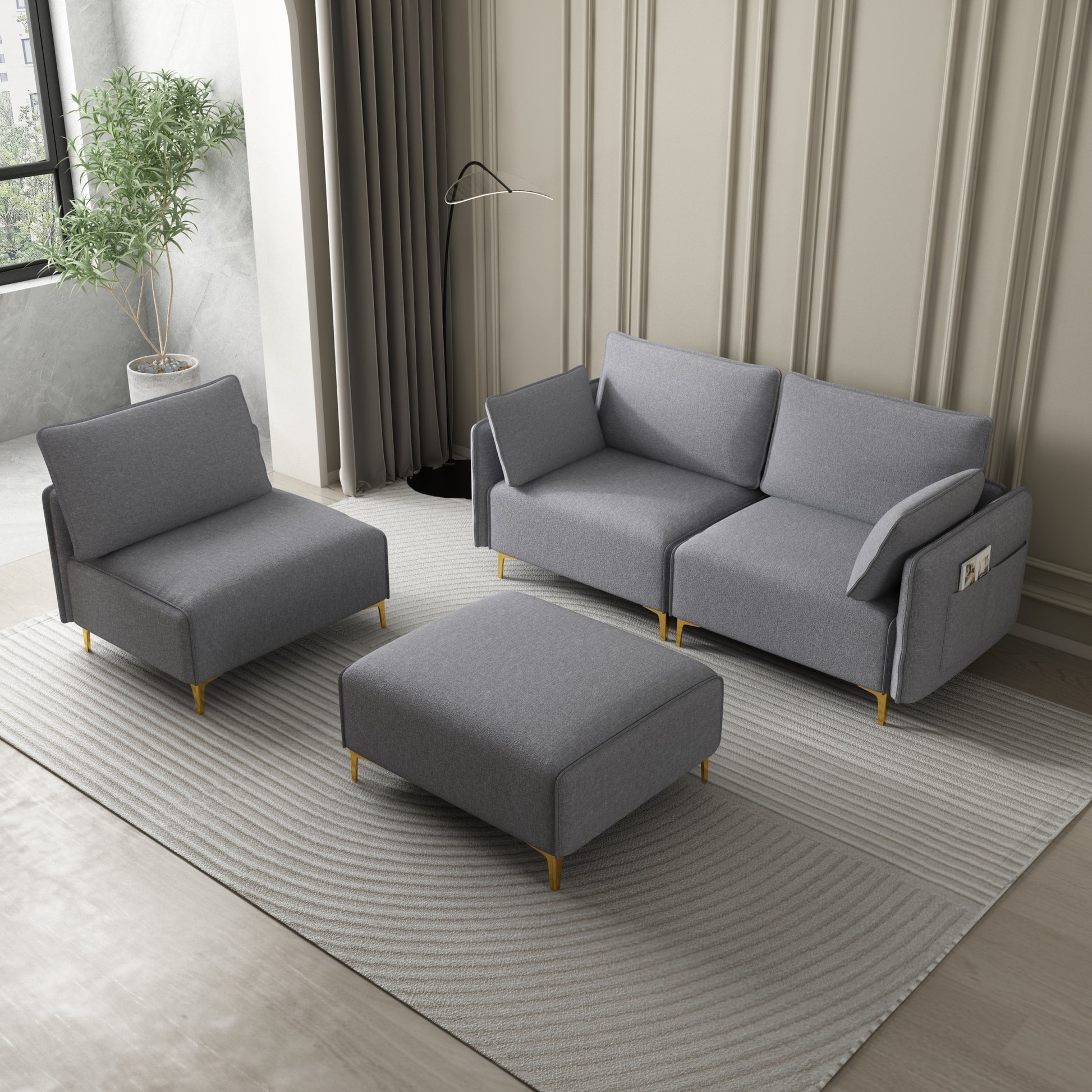 L Shape Sectional Sofa With Usb Grey Fabric Grey Foam Fabric