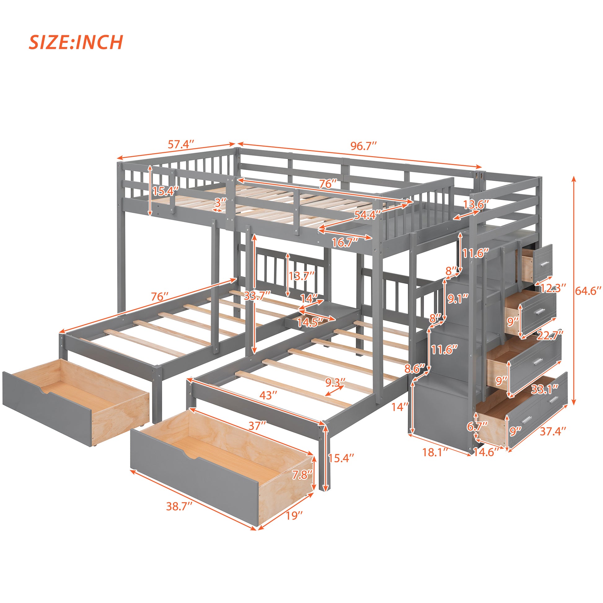 Full Over Twin & Twin Bunk Bed, Wood Triple Bunk Bed With Drawers And Guardrails Gray Gray Solid Wood