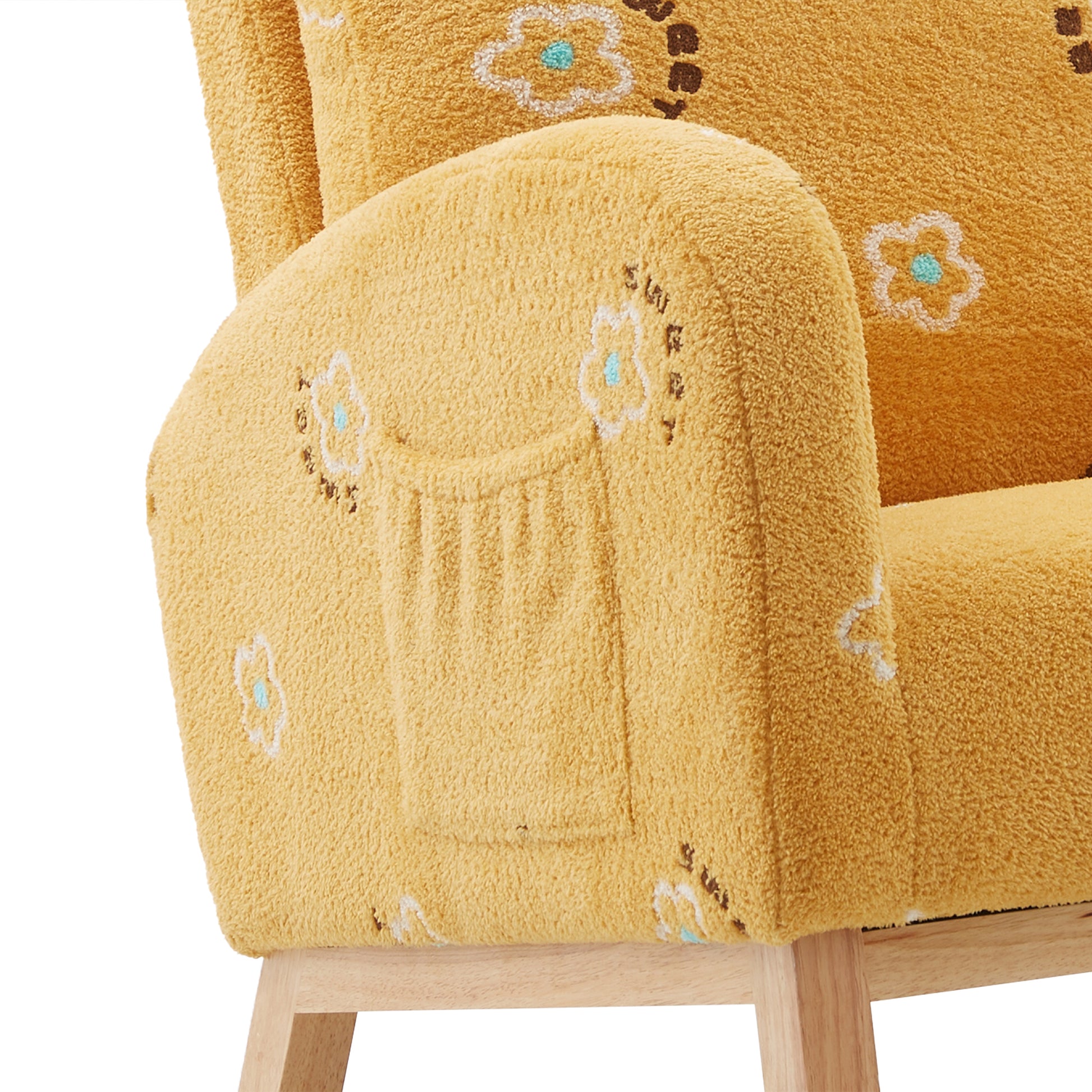 26.8"W Modern Rocking Chair For Nursery, Mid Century Accent Rocker Armchair With Side Pocket, Upholstered High Back Wooden Rocking Chair For Living Room Baby Kids Room Bedroom, Mustard Boucle Mustard Foam Boucle