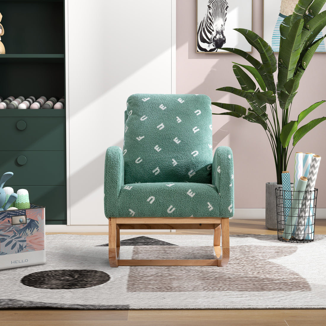 26.8"W Modern Rocking Chair For Nursery, Mid Century Accent Rocker Armchair With Side Pocket, Upholstered High Back Wooden Rocking Chair For Living Room Baby Kids Room Bedroom, Green Boucle Green Foam Boucle