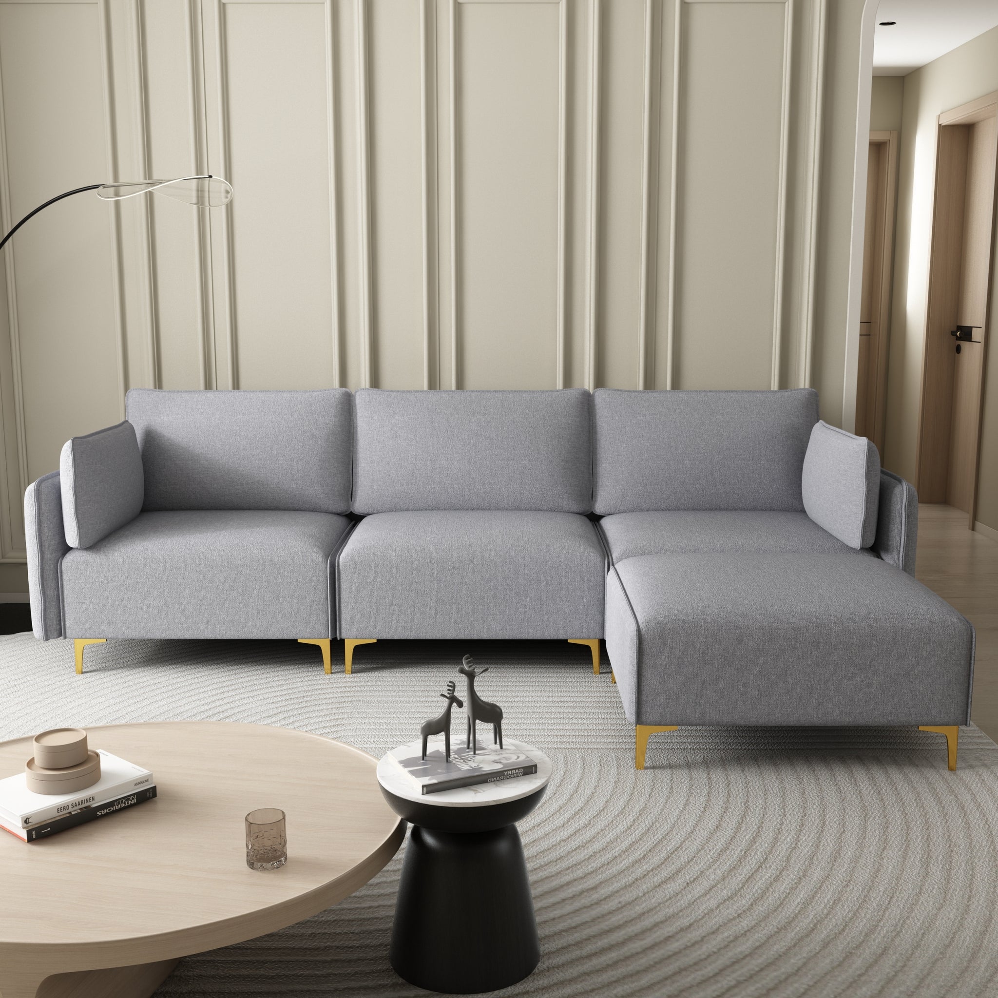 L Shape Sectional Sofa With Usb Grey Fabric Grey Foam Fabric