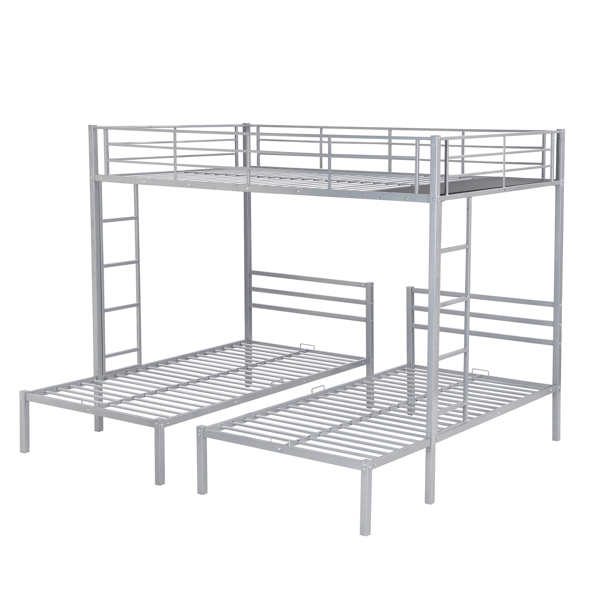 Full Over Twin&Twin Size Bunk Bed With Built In Shelf, Silver Full Silver Metal