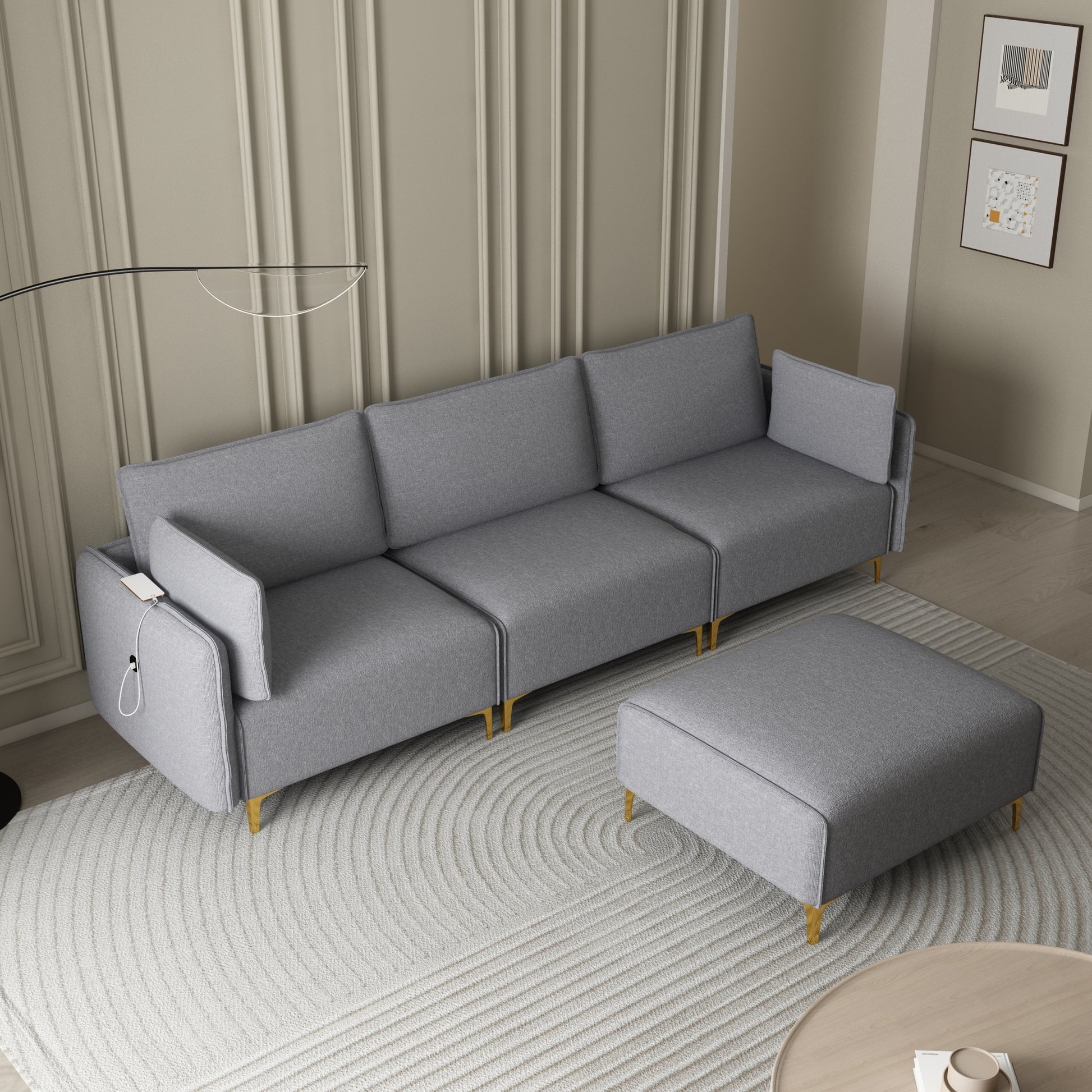 L Shape Sectional Sofa With Usb Grey Fabric Grey Foam Fabric