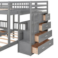 Full Over Twin & Twin Bunk Bed, Wood Triple Bunk Bed With Drawers And Guardrails Gray Gray Solid Wood