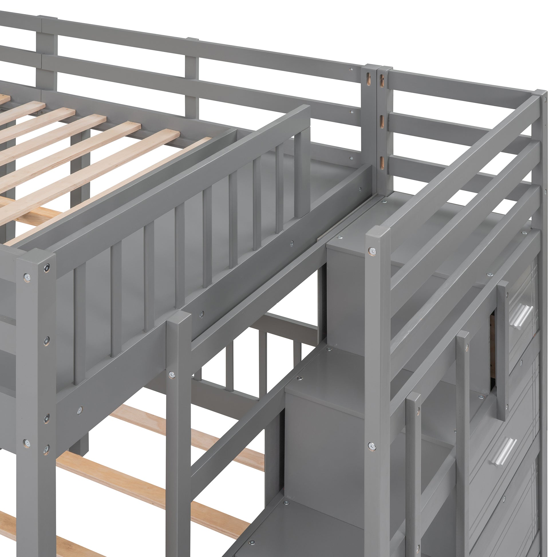 Full Over Twin & Twin Bunk Bed, Wood Triple Bunk Bed With Drawers And Guardrails Gray Gray Solid Wood