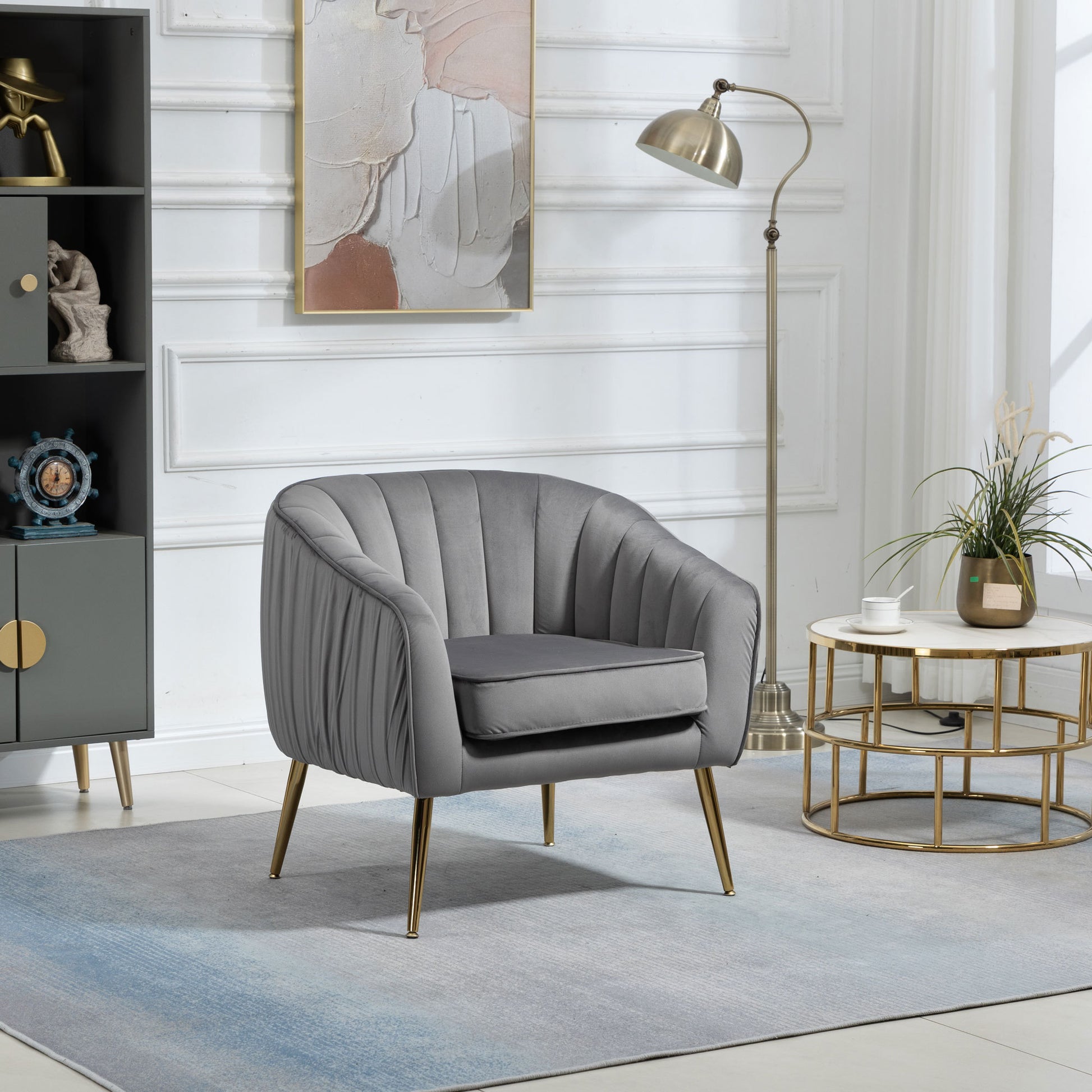 Velvet Accent Chair With Ottoman, Modern Tufted Barrel Chair Ottoman Set For Living Room Bedroom, Golden Finished, Grey Grey Foam Velvet