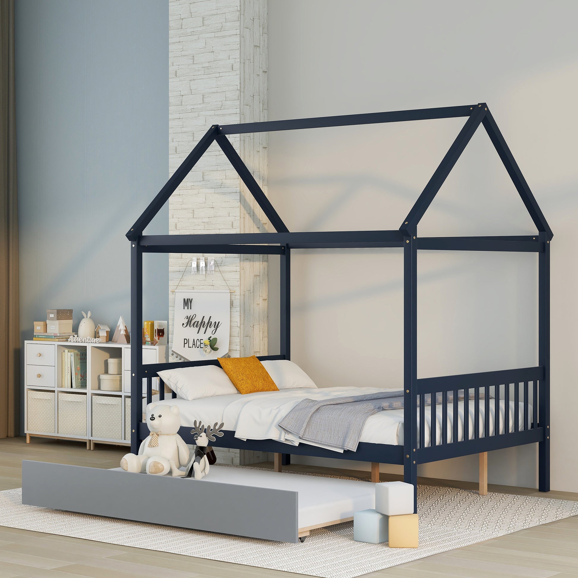 Navy Blue House Full Bed With Trundle Of Grey Color Blue Pine