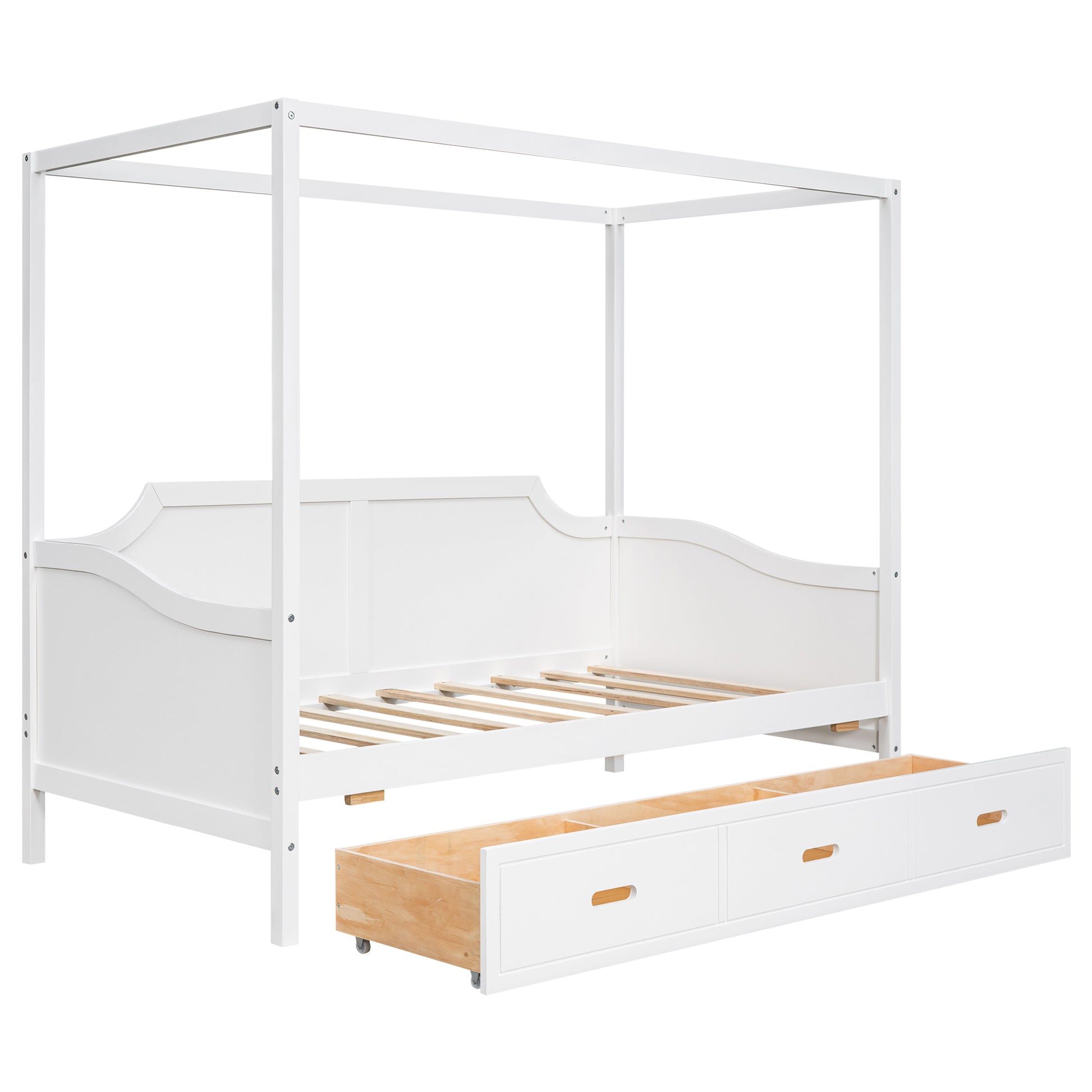 Twin Size Wooden Canopy Daybed With 3 In 1 Storage Drawers,White White Pine