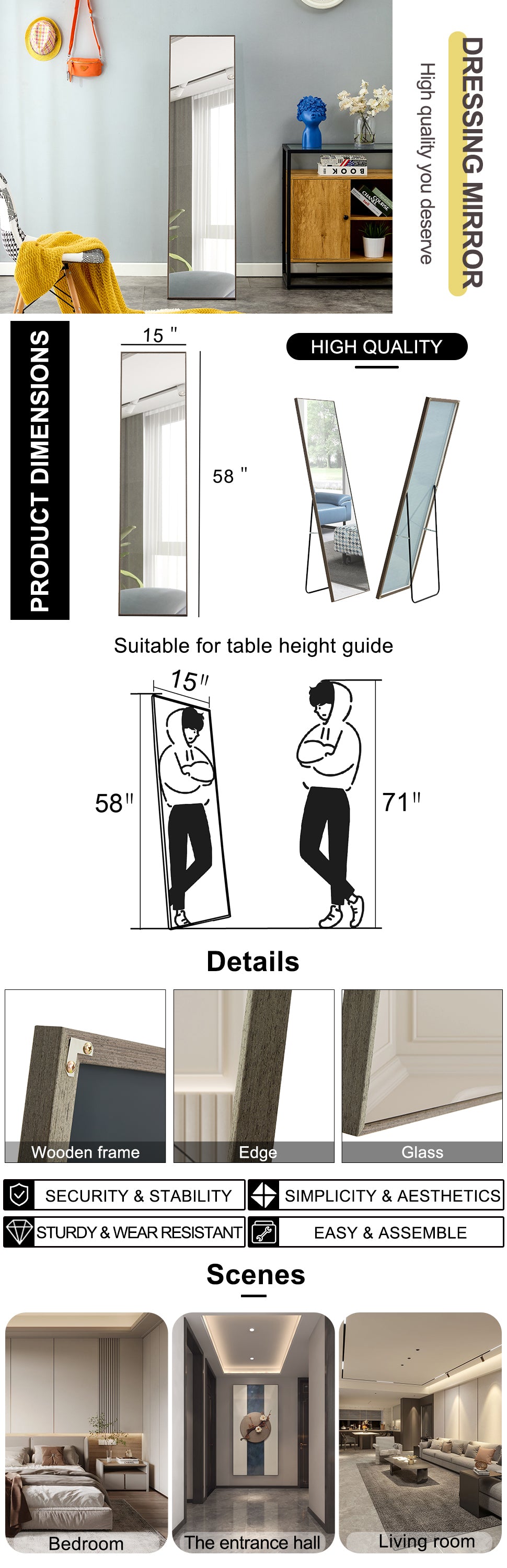 3Rd Generation Gray Solid Wood Frame Full Length Mirror, Dressing Mirror, Bedroom Porch, Decorative Mirror, Clothing Store, Floor Mounted Large Mirror, Wall Mounted. 58 "* 15" Gray Glass