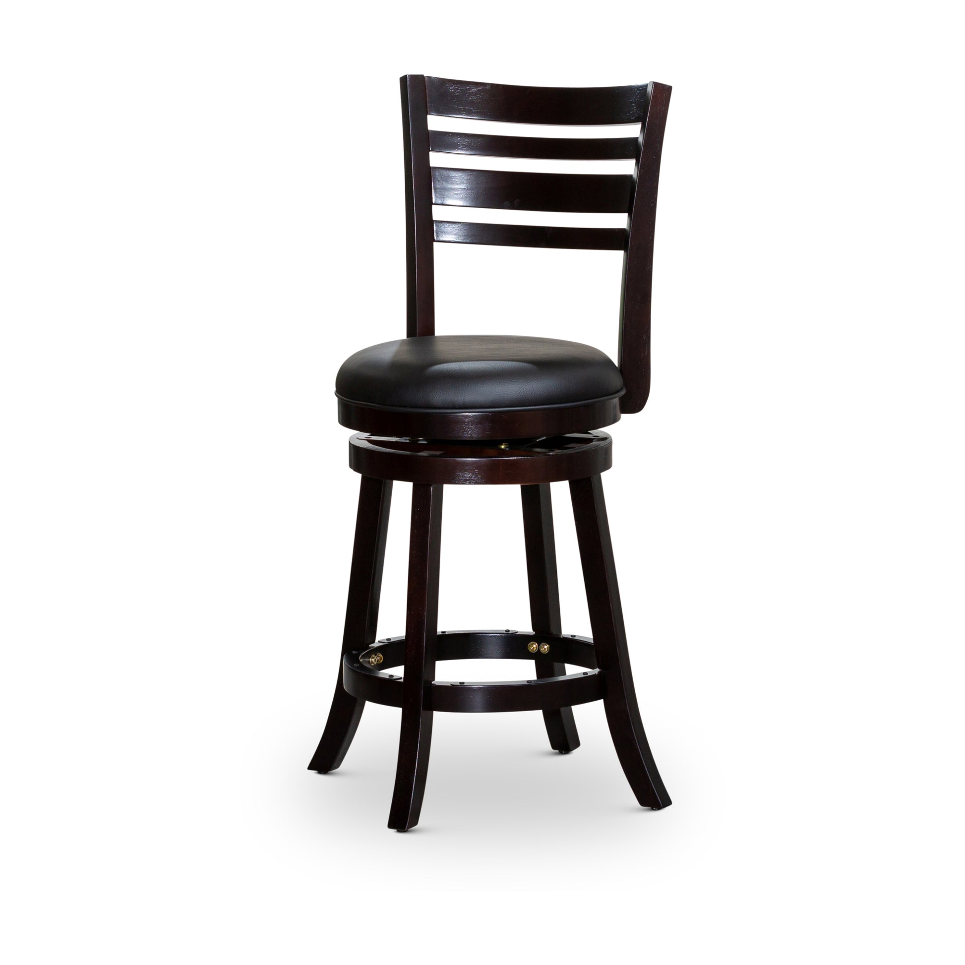 24" Counter Height Slat Back Swivel Stool, Espresso Finish, Black Leather Seat Espresso Bonded Leather