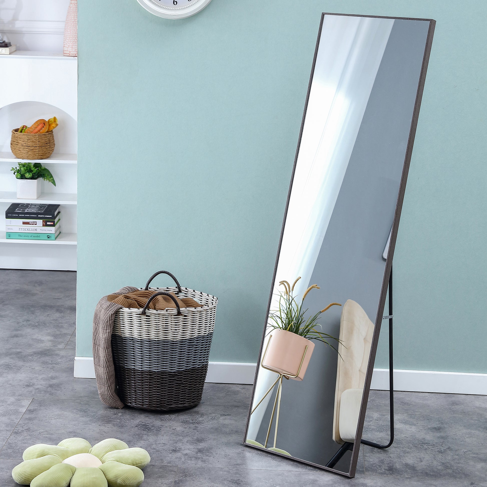 3Rd Generation Gray Solid Wood Frame Full Length Mirror, Dressing Mirror, Bedroom Porch, Decorative Mirror, Clothing Store, Floor Mounted Large Mirror, Wall Mounted. 58 "* 15" Gray Glass