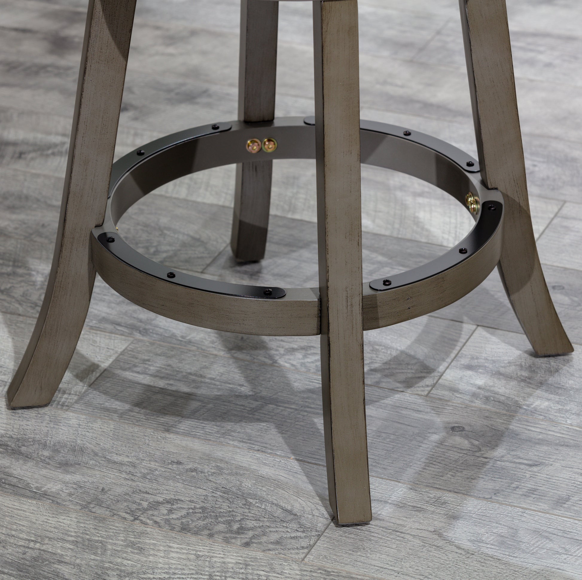30" Bar Height X Back Swivel Stool, Weathered Gray Finish, Black Leather Seat Gray Bonded Leather
