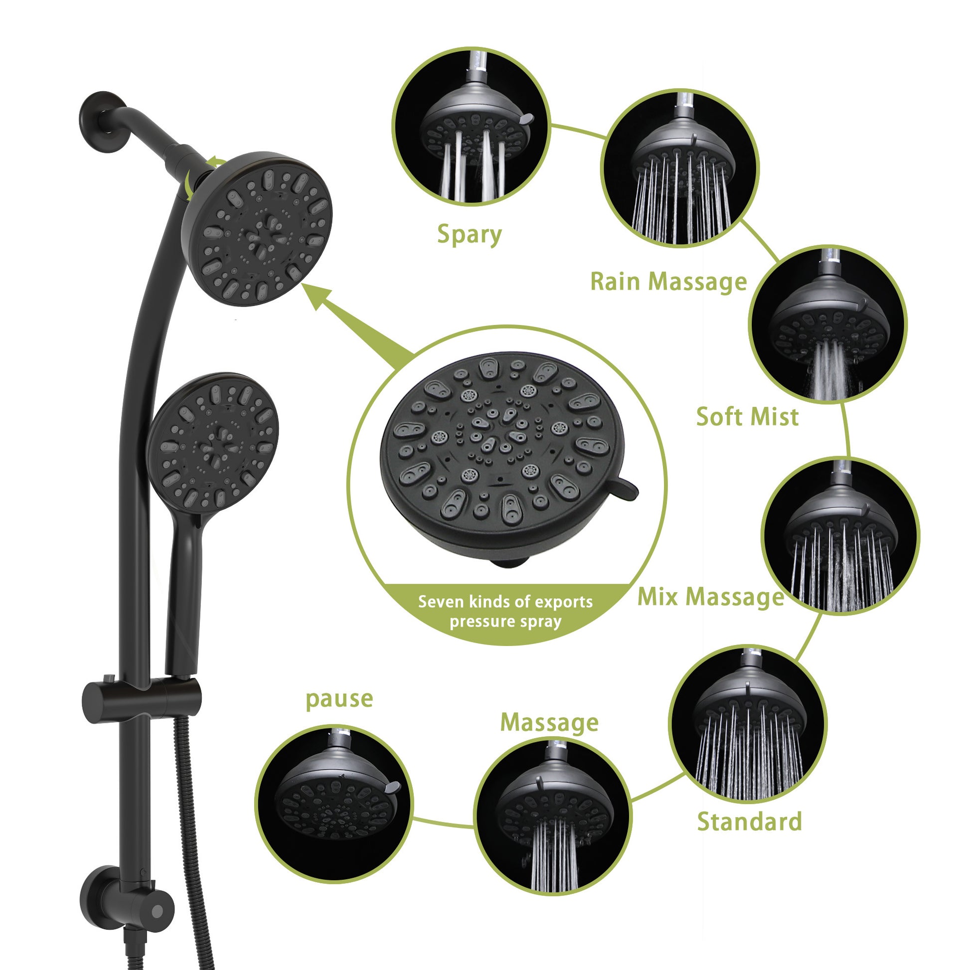 Multi Function Dual Shower Head Shower System With 4.7" Rain Showerhead, 7 Function Hand Shower, Adjustable Slide Bar,Matte Black Matte Black Plastic