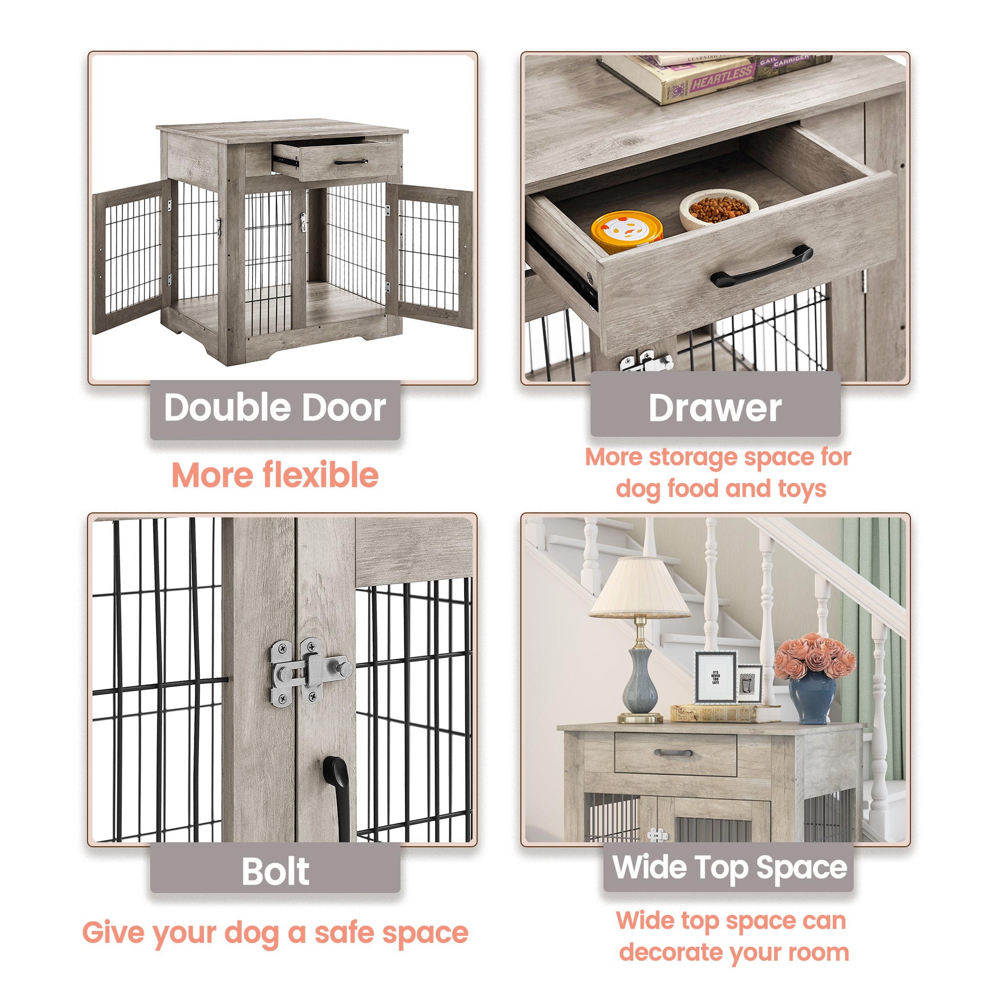 Furniture Style Dog Crate End Table With Drawer, Pet Kennels With Double Doors, Dog House Indoor Use, Grey, 29.9'' W X 24.8'' D X 30.71'' H. Gray Particle Board