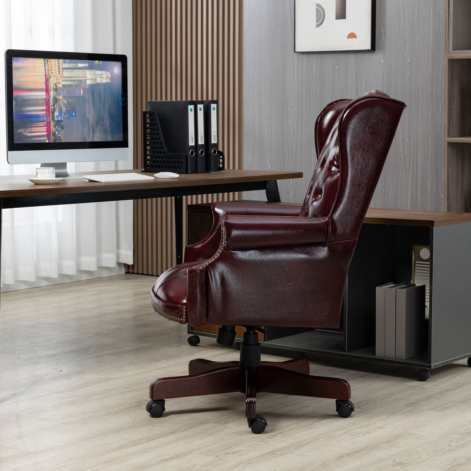 Executive Office Chair High Back Reclining Comfortable Desk Chair Ergonomic Design Thick Padded Seat And Backrest Pu Leather Desk Chair With Smooth Glide Caster Wheels, 1 Pack Burdy Burgundy Foam Pu