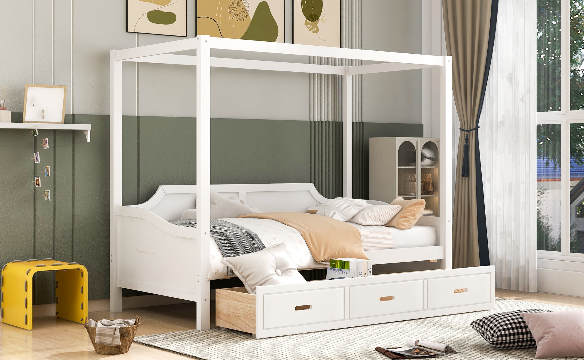 Twin Size Wooden Canopy Daybed With 3 In 1 Storage Drawers,White White Pine