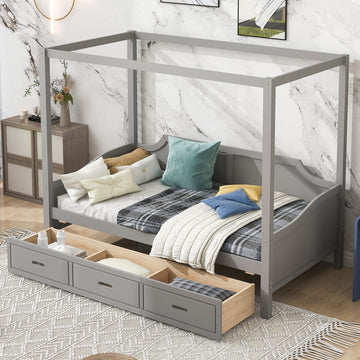 Twin Size Wooden Canopy Daybed With 3 In 1 Storage Drawers,Grey Grey Pine