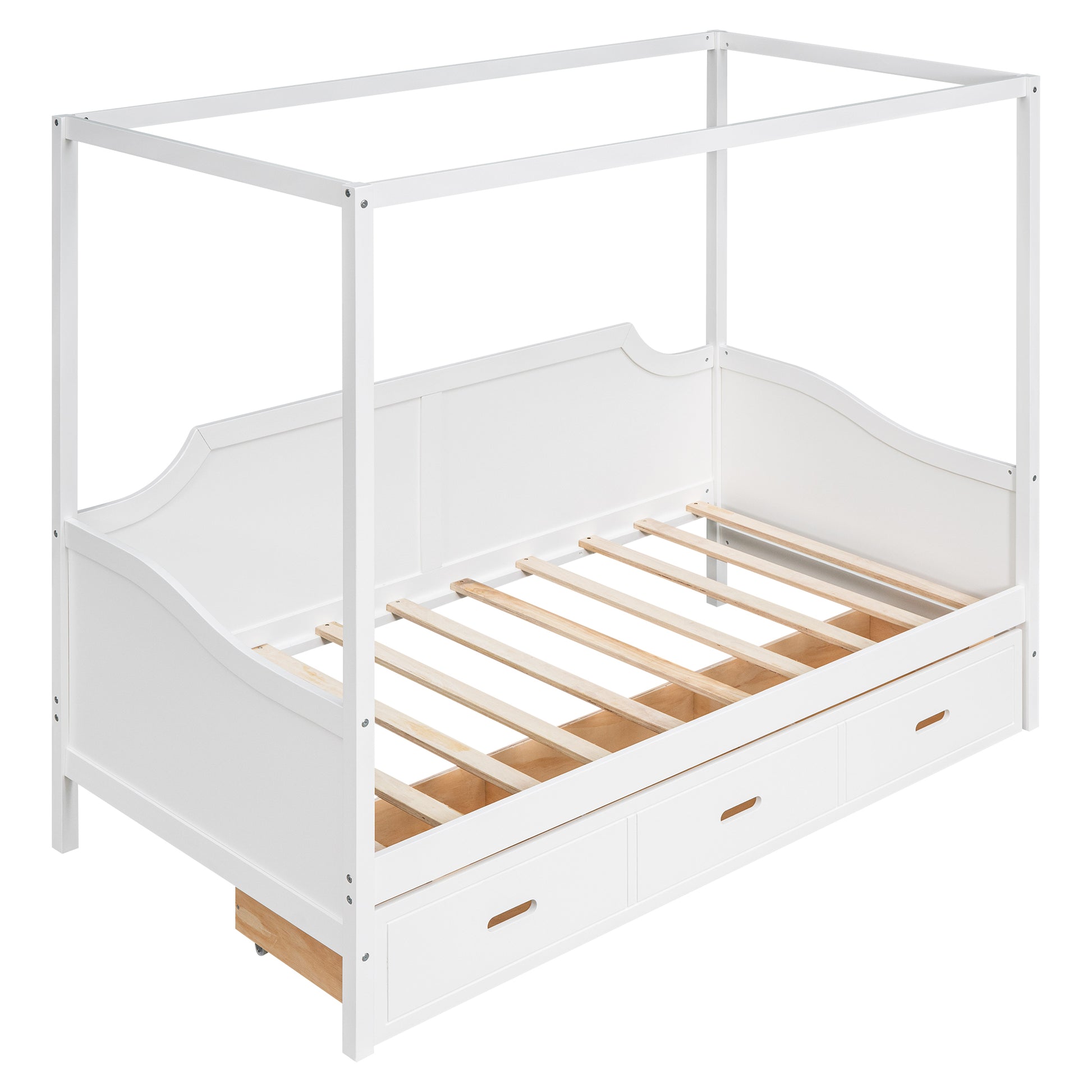 Twin Size Wooden Canopy Daybed With 3 In 1 Storage Drawers,White White Pine