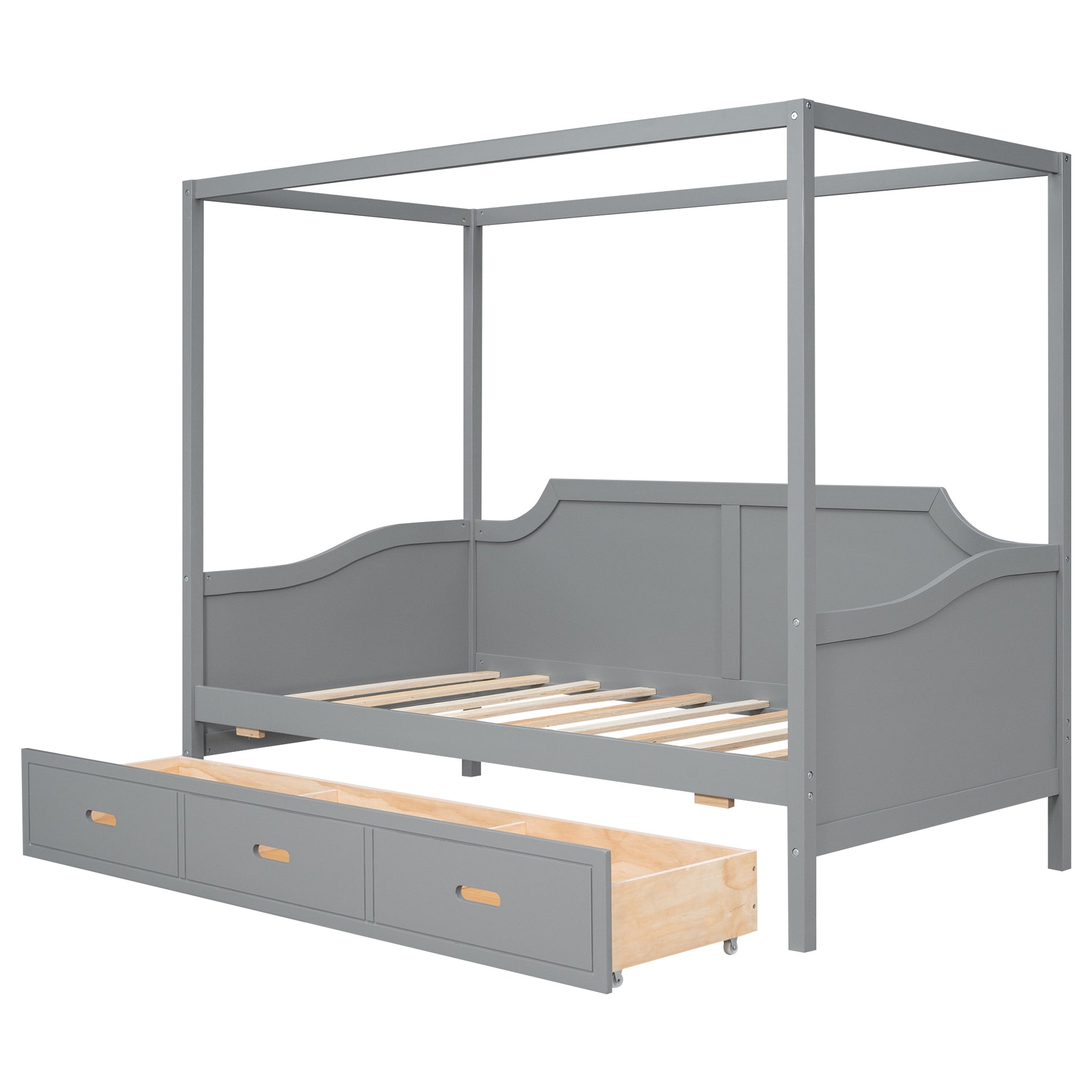 Twin Size Wooden Canopy Daybed With 3 In 1 Storage Drawers,Grey Grey Pine