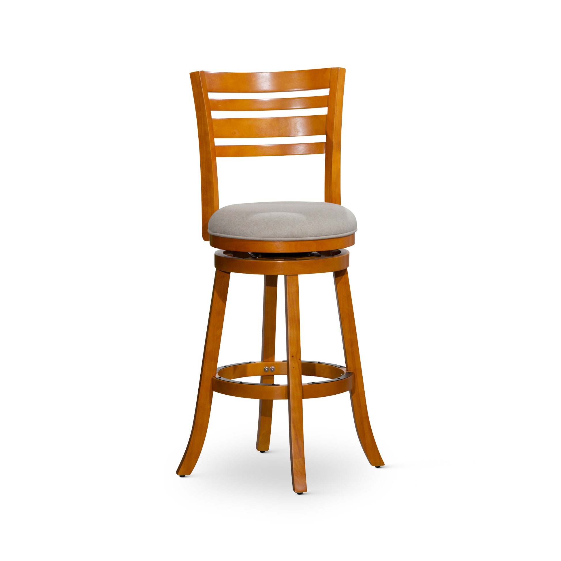 30" Bar Height Slat Back Swivel Stool, Natural Finish, Beige Fabric Seat Natural Fabric