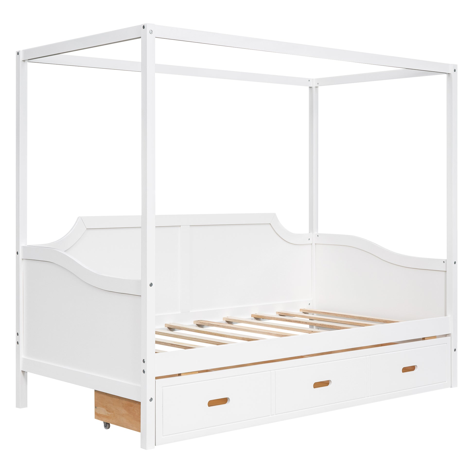 Twin Size Wooden Canopy Daybed With 3 In 1 Storage Drawers,White White Pine