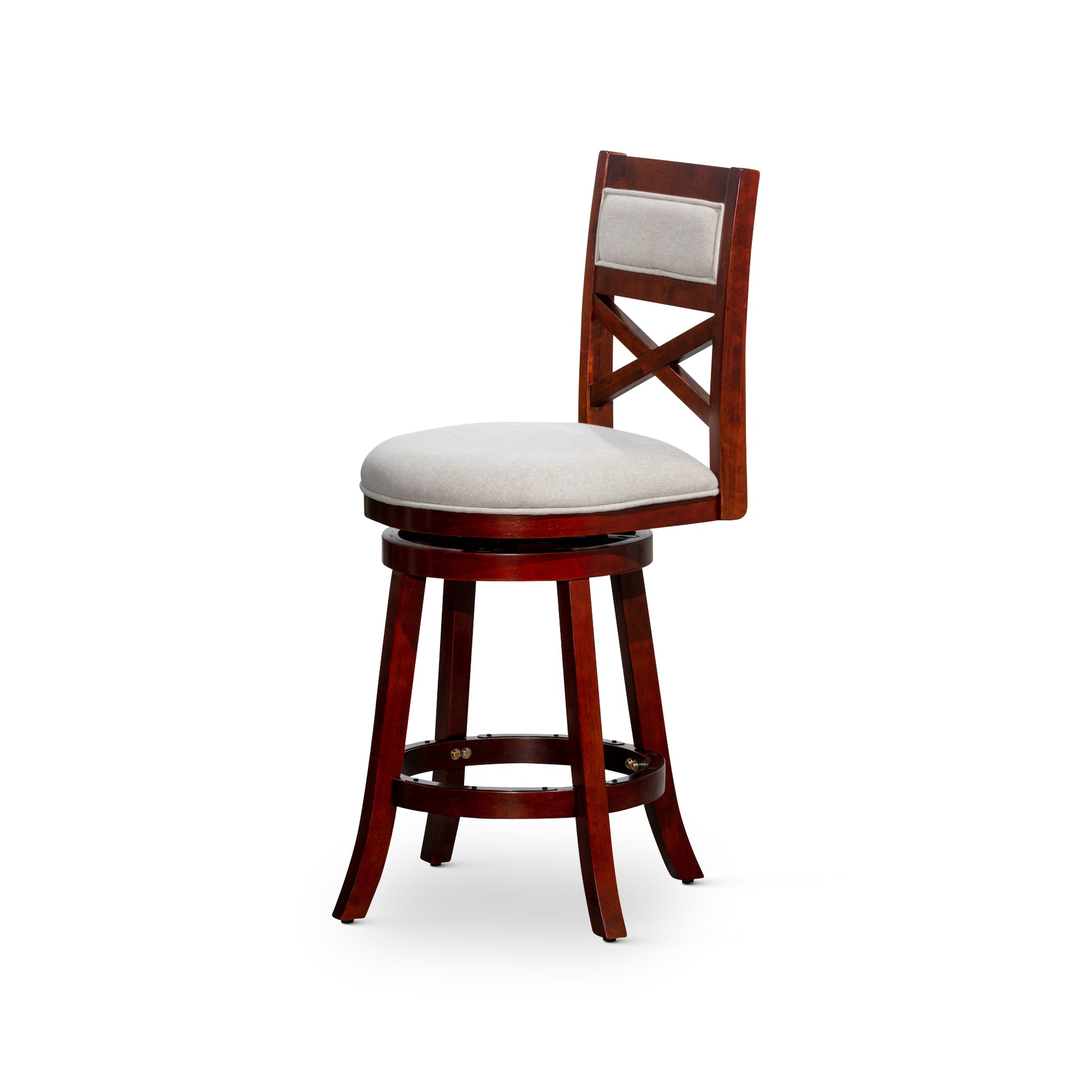 30" Bar Height X Back Swivel Stool, Cherry Finish, Beige Fabric Seat Cherry Fabric