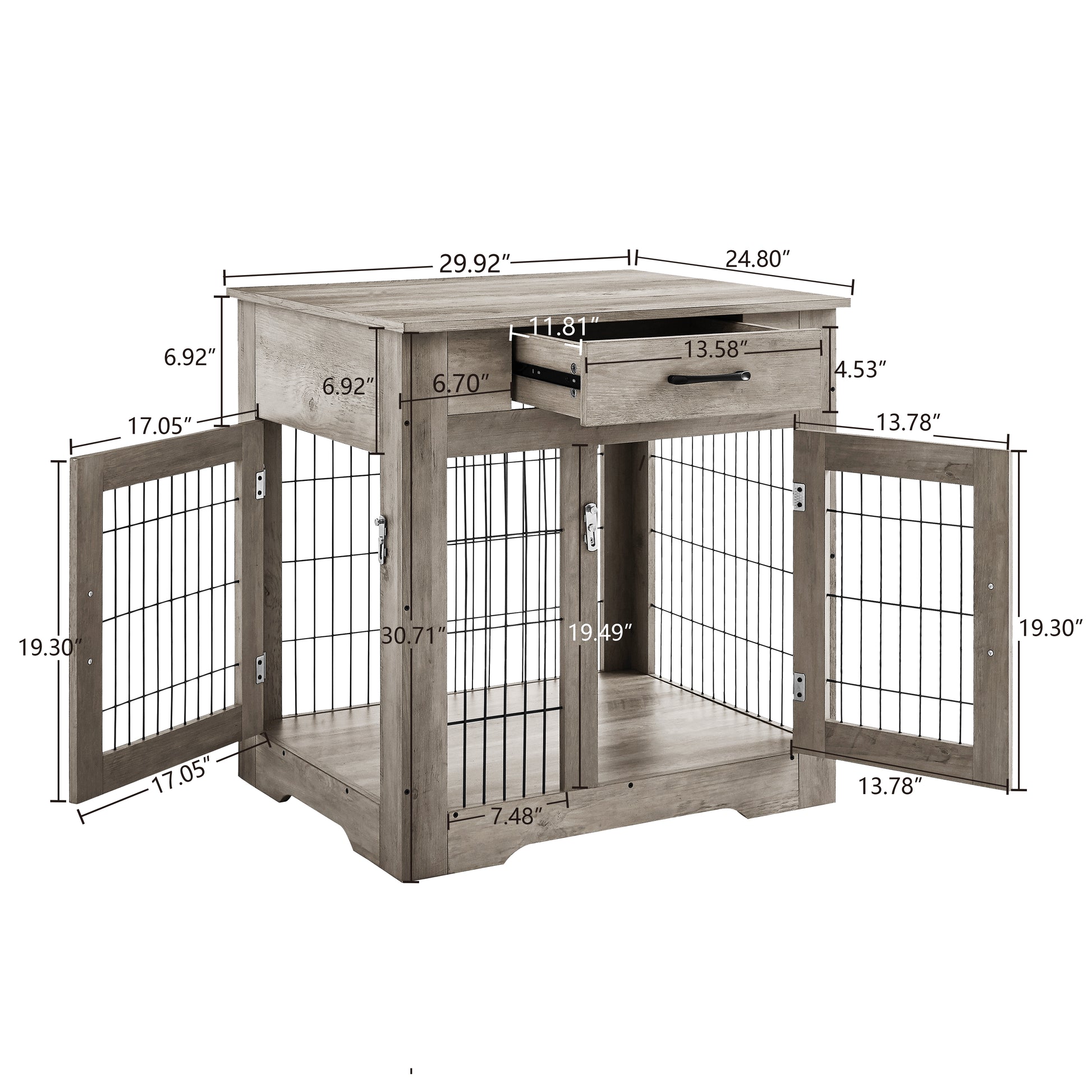 Furniture Style Dog Crate End Table With Drawer, Pet Kennels With Double Doors, Dog House Indoor Use, Grey, 29.9'' W X 24.8'' D X 30.71'' H. Gray Particle Board