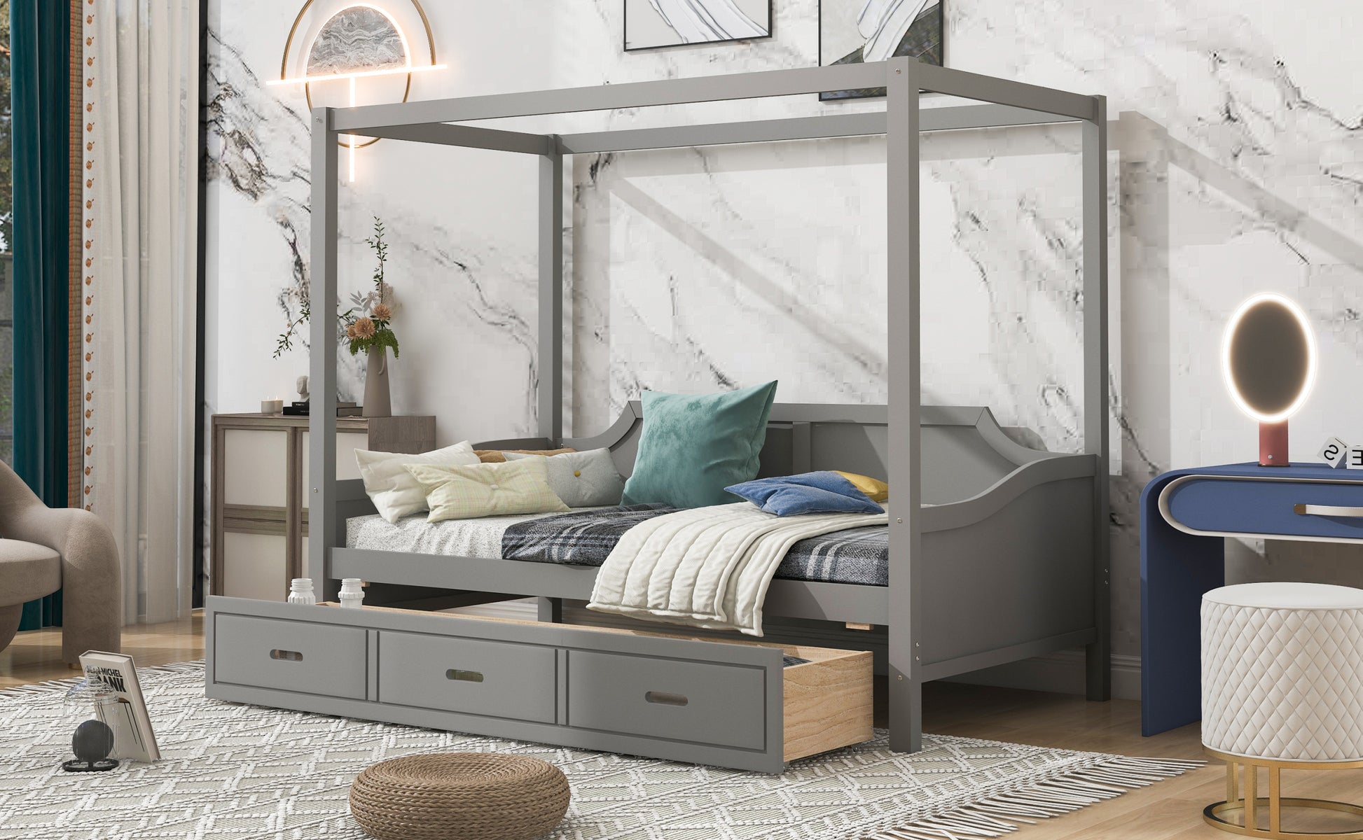 Twin Size Wooden Canopy Daybed With 3 In 1 Storage Drawers,Grey Grey Pine