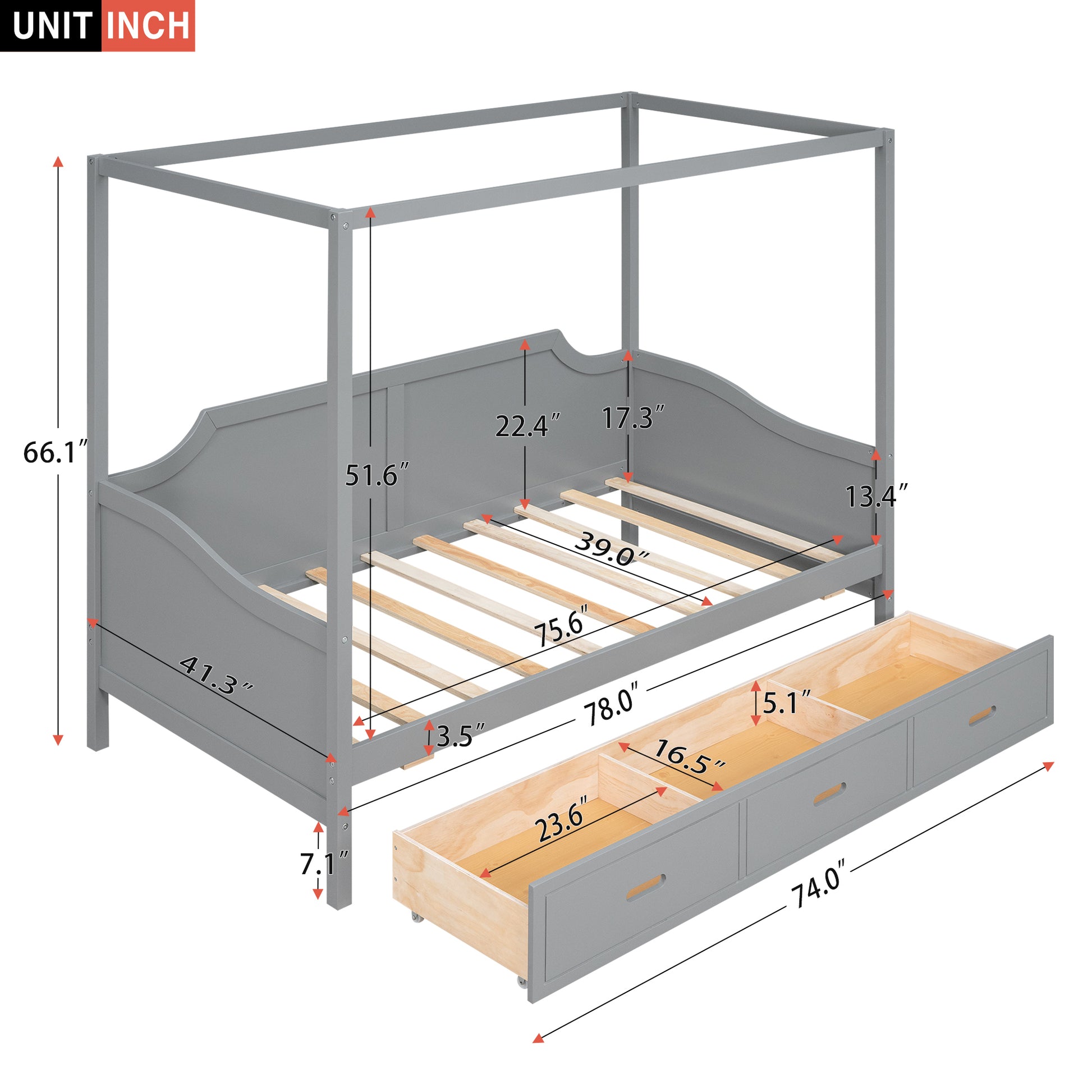 Twin Size Wooden Canopy Daybed With 3 In 1 Storage Drawers,Grey Grey Pine