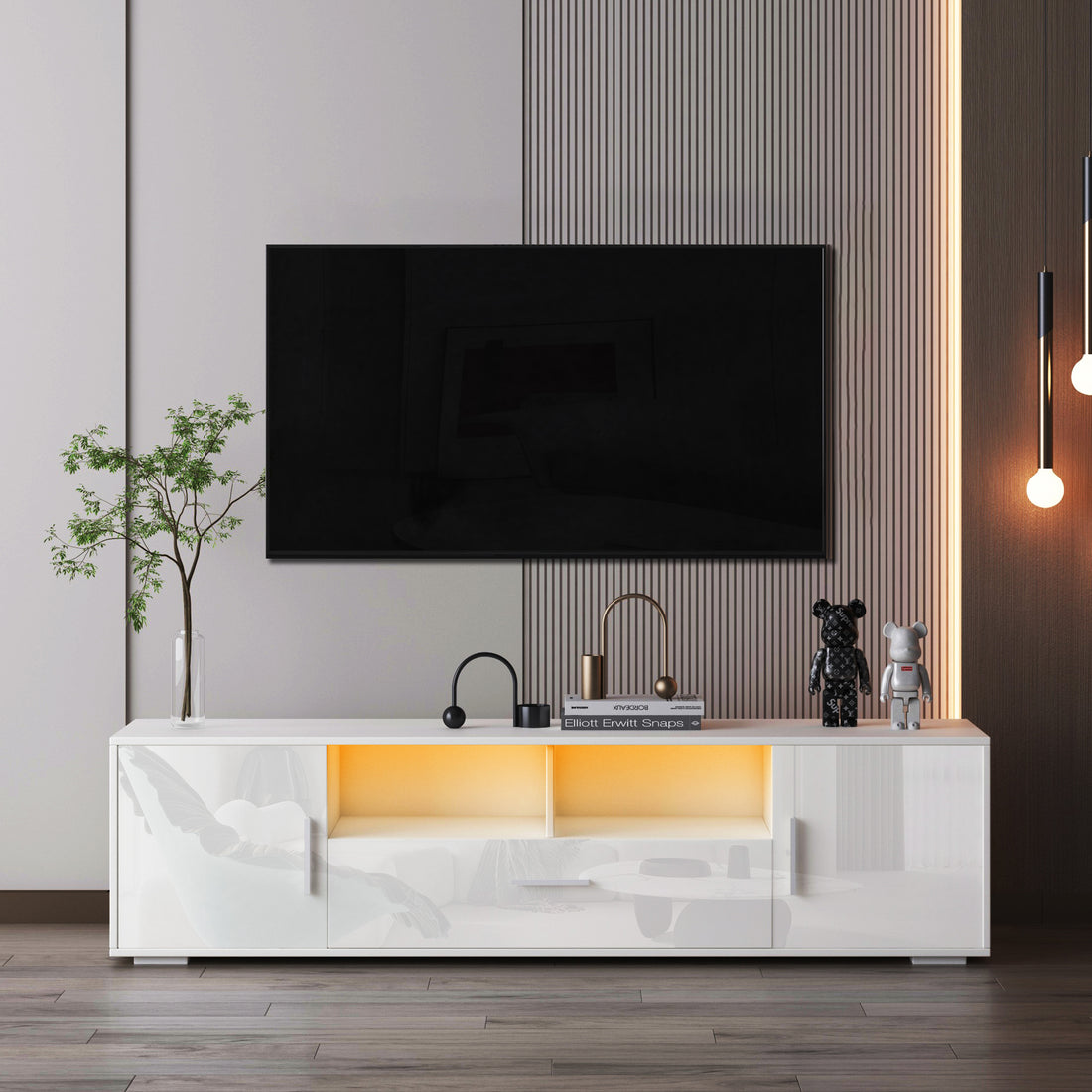 Quickassemblefashiontvstand,Tvcabinet,Entertainment Center Tv Station,Tvconsole,Console With Led Light Belt, Light Belt Can Be Remote Control,With Cabinets,Open Cells,For The Living Room,Bedroom,White White Primary Living Space 60 69 Inches 60 69 Inches