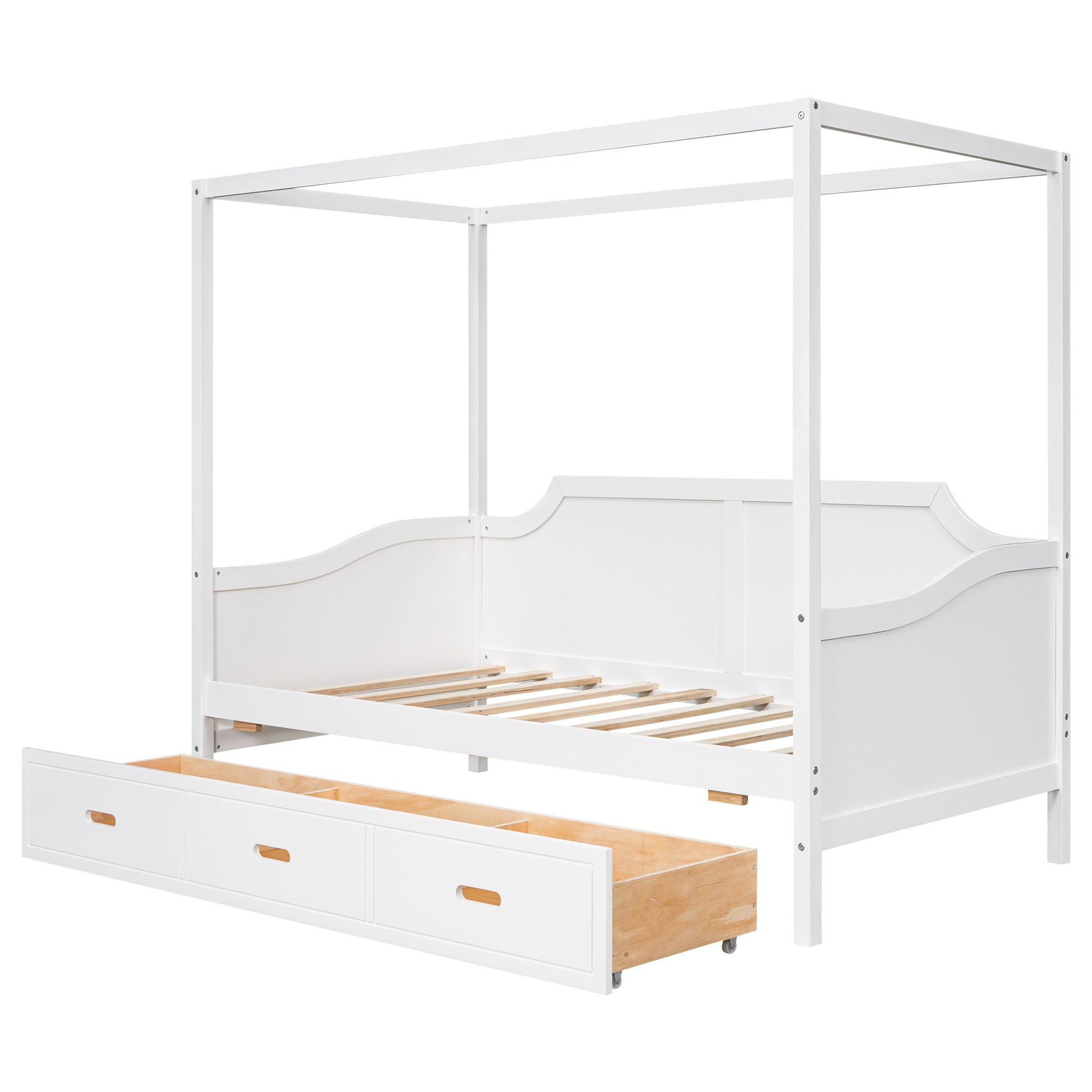 Twin Size Wooden Canopy Daybed With 3 In 1 Storage Drawers,White White Pine