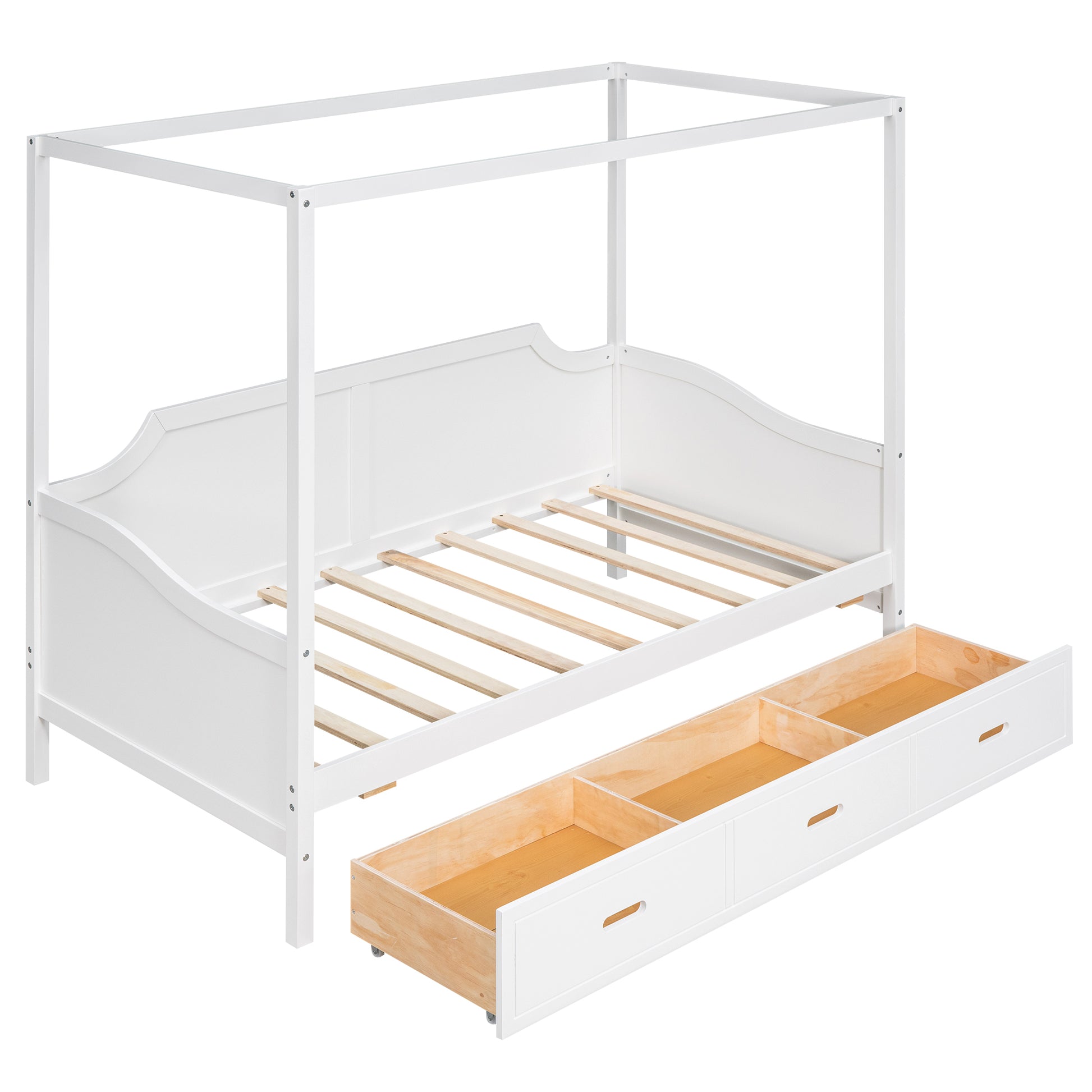 Twin Size Wooden Canopy Daybed With 3 In 1 Storage Drawers,White White Pine